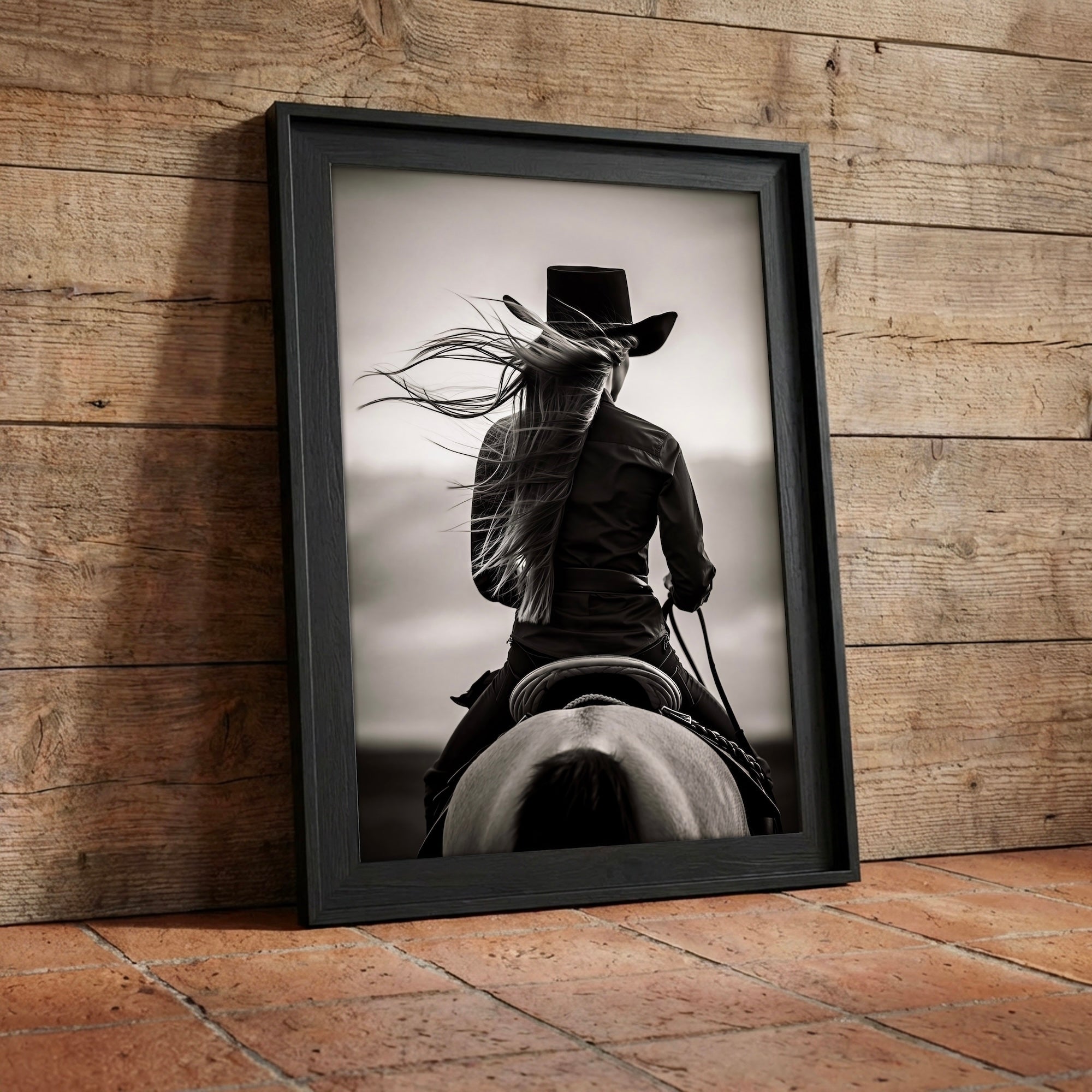 Cowgirl on Horseback: Western Woman Black & White Art Print