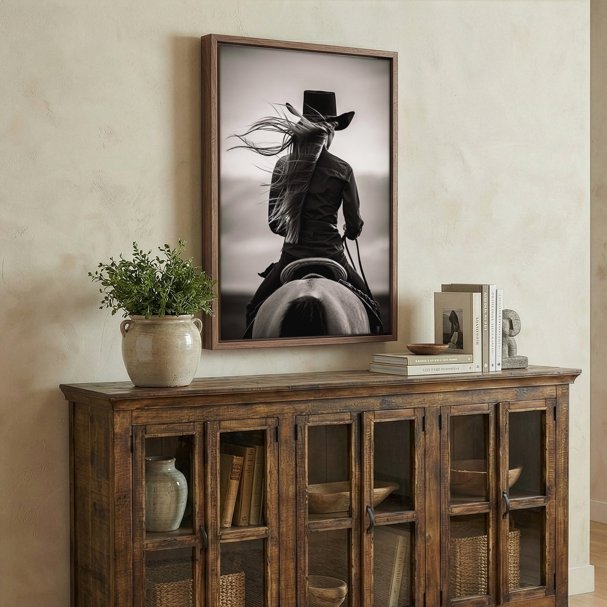 Cowgirl on Horseback: Western Woman Black & White Art Print