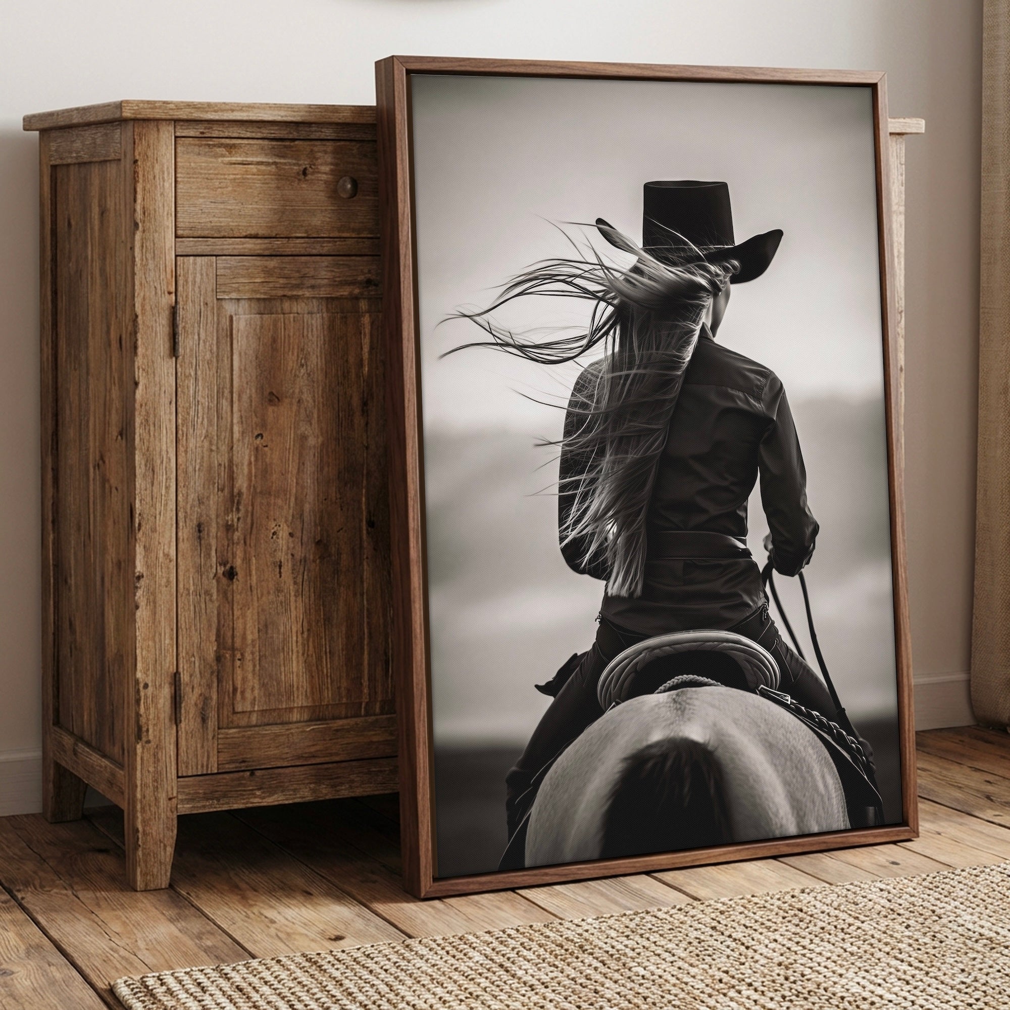 Cowgirl on Horseback: Western Woman Black & White Photo Style Art Print