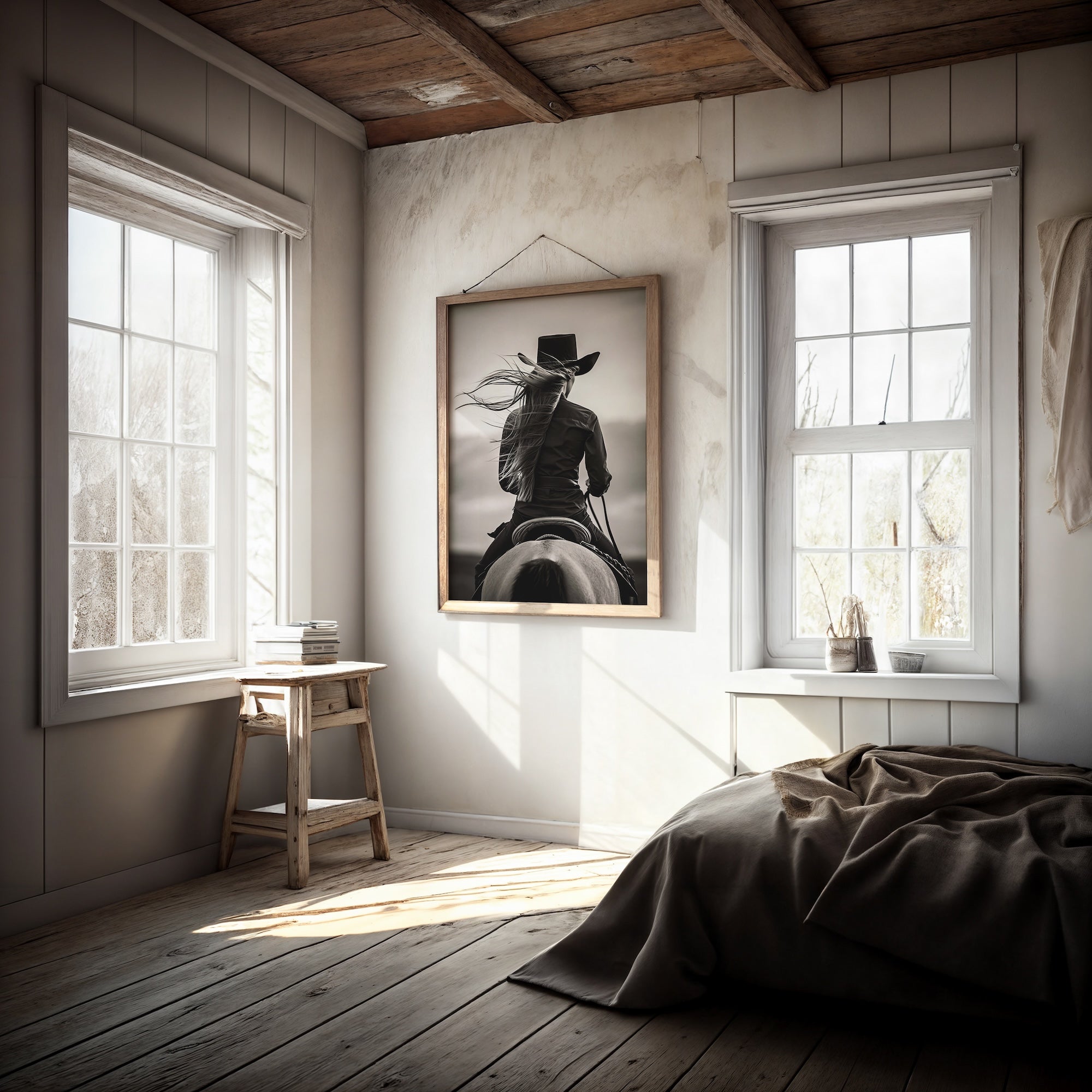Cowgirl on Horseback: Western Woman Black & White Art Print