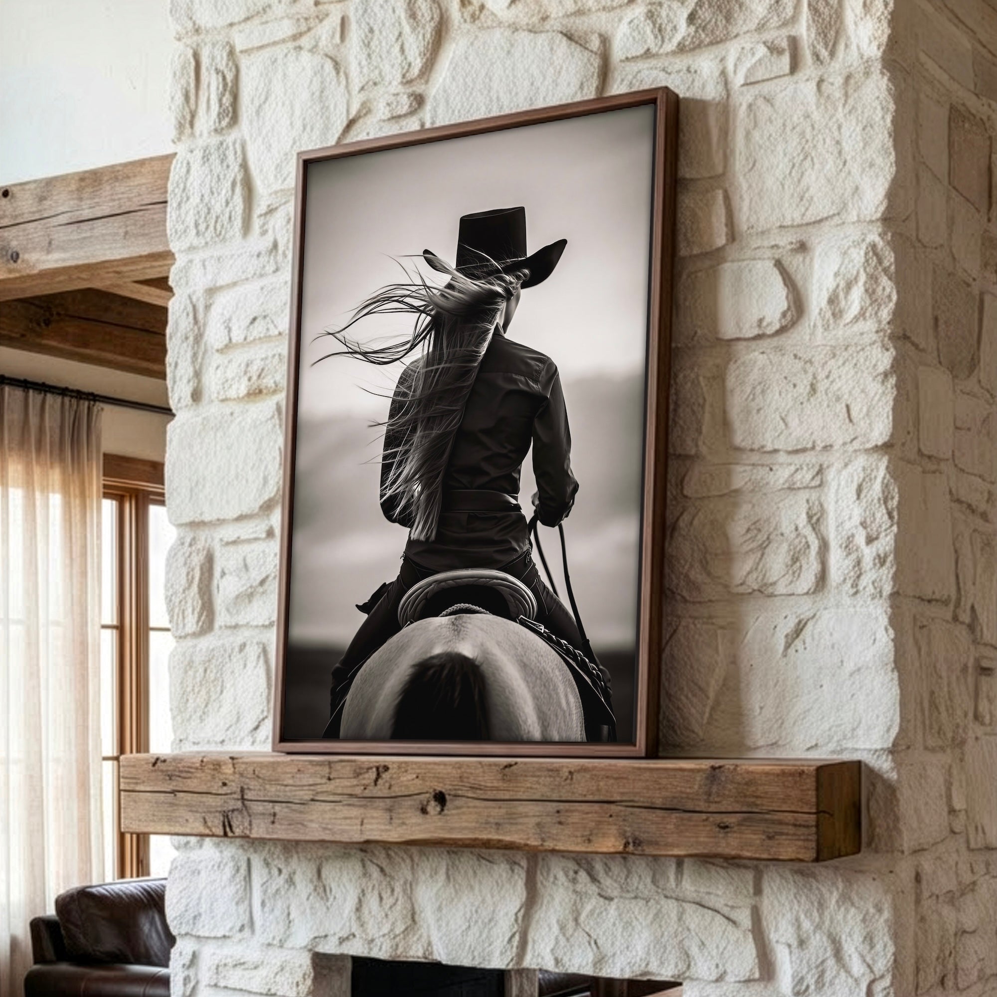Cowgirl on Horseback: Western Woman Black & White Art Print