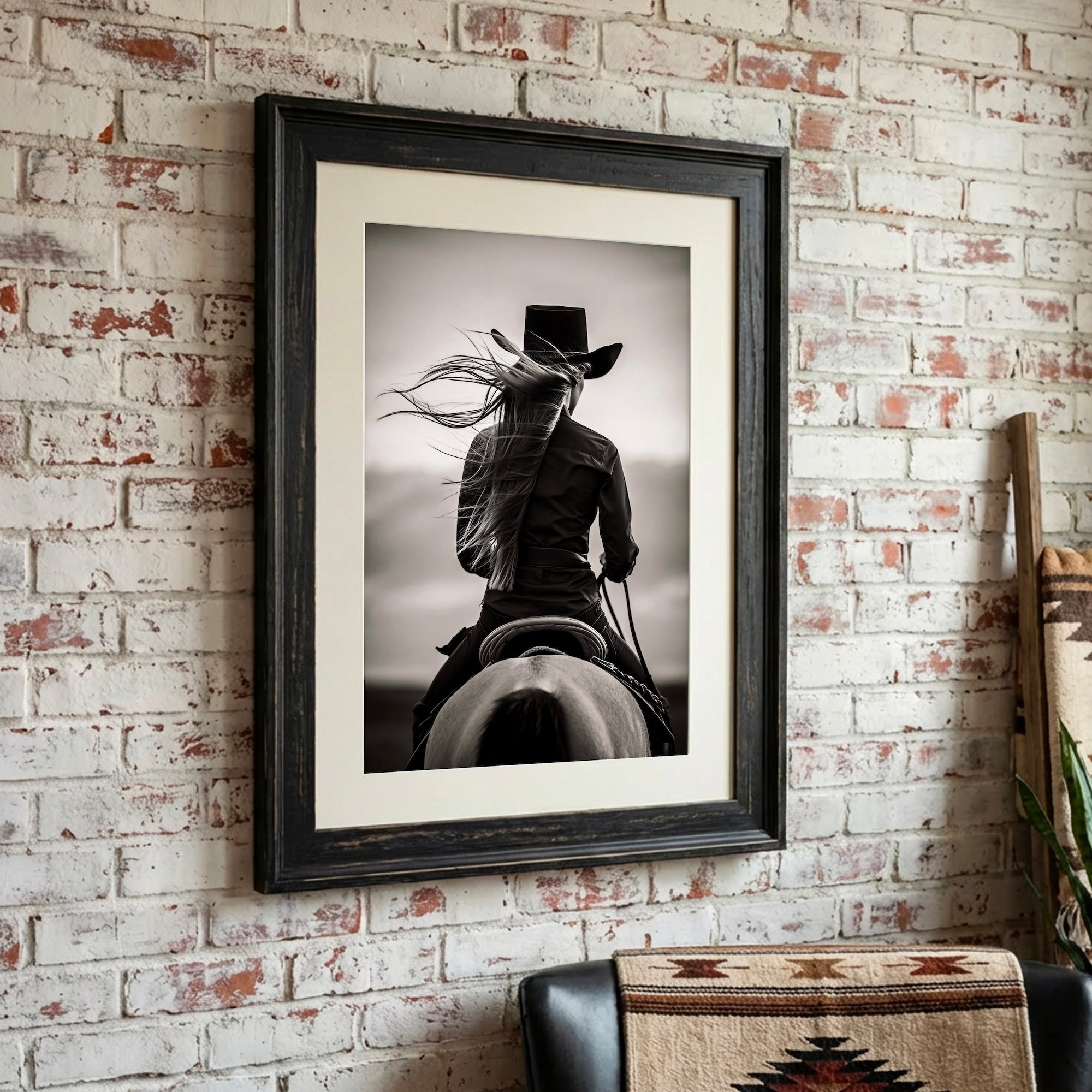 Cowgirl on Horseback: Western Woman Black & White Art Print