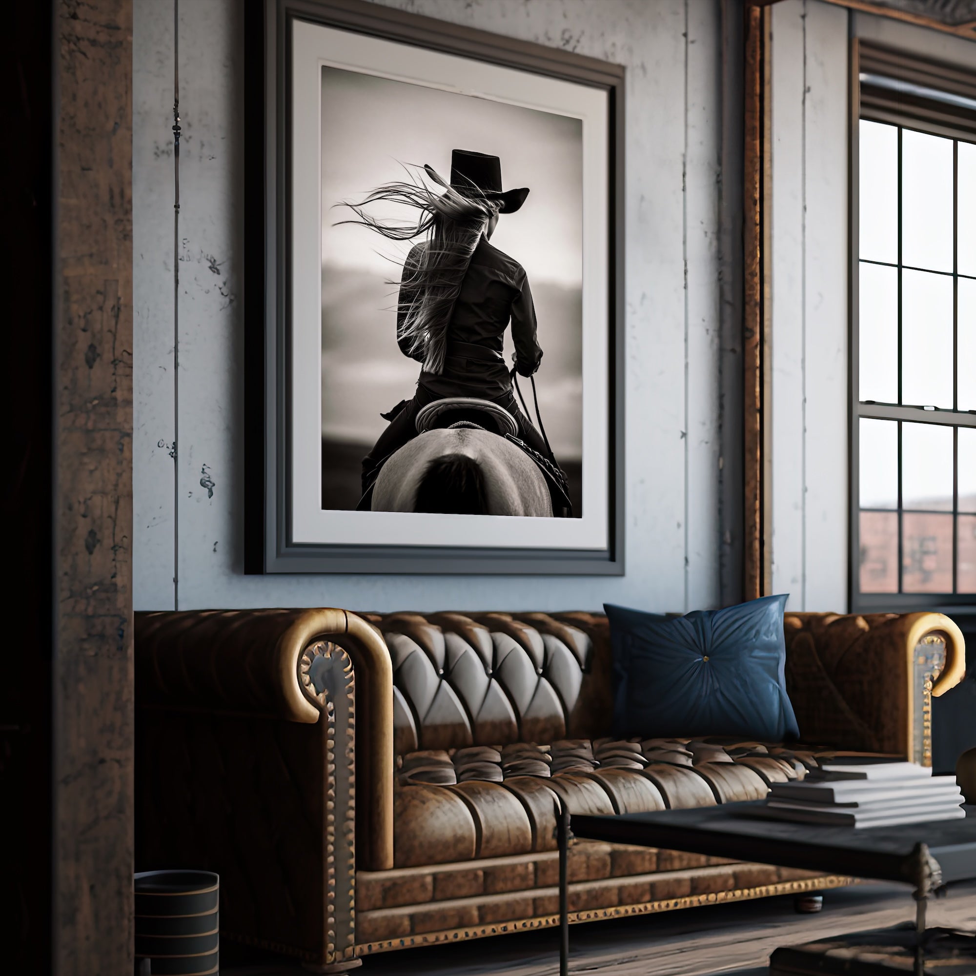 Cowgirl on Horseback: Western Woman Black & White Art Print