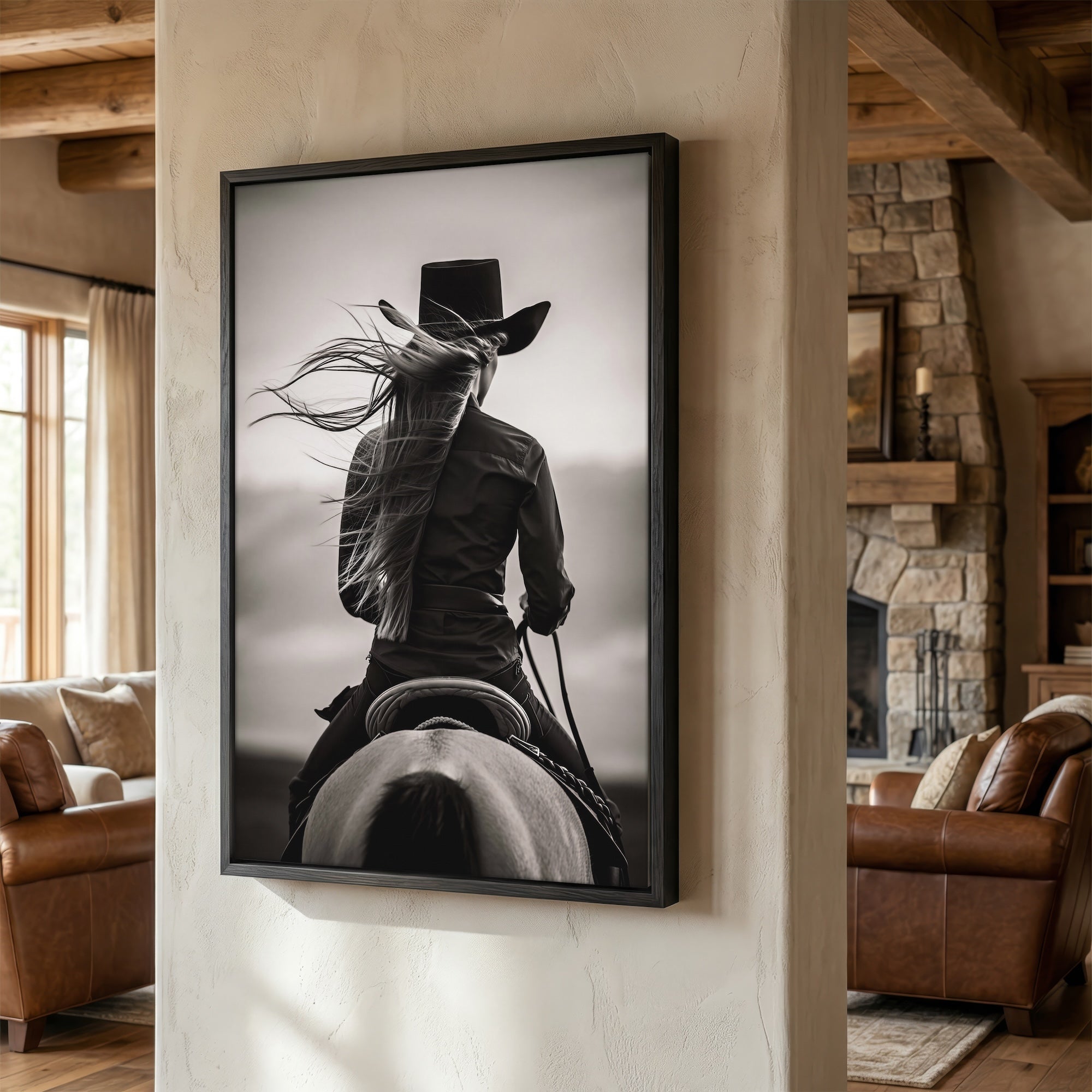 Cowgirl on Horseback: Western Woman Black & White Art Print