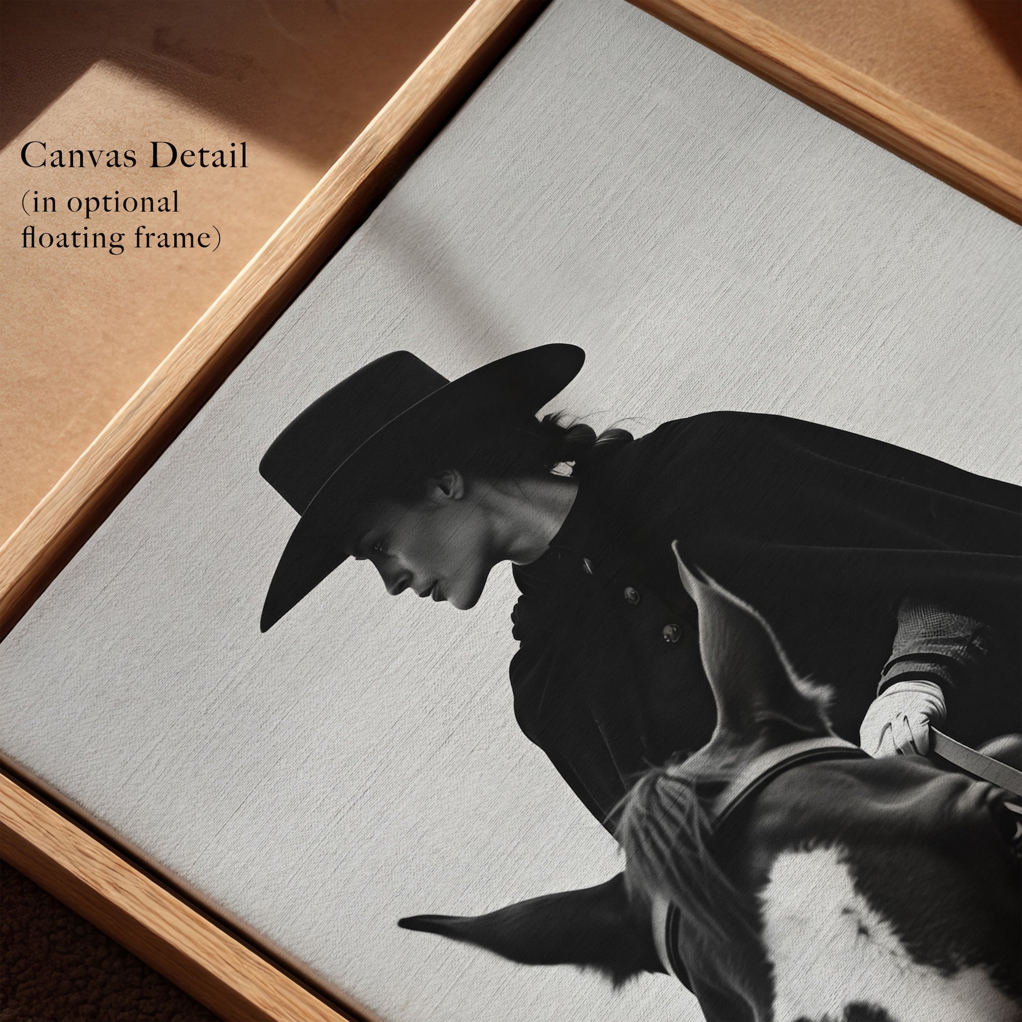 Cowgirl Rider: Western Woman on Horseback - Black & White Photo Style Art Print