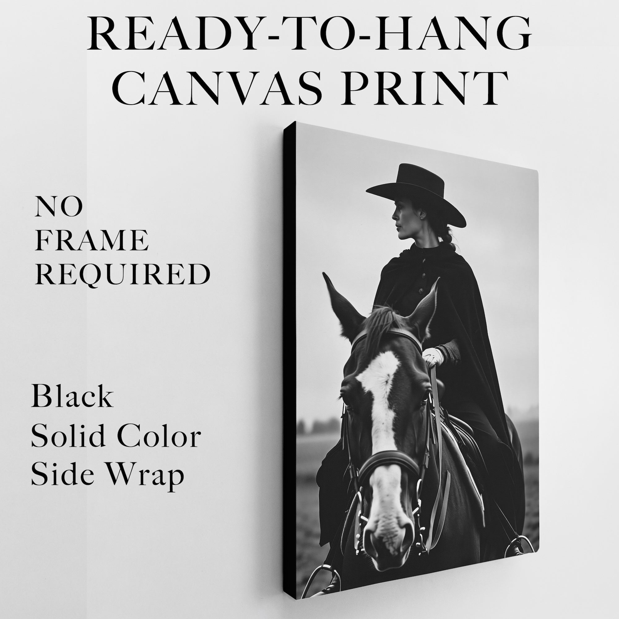 Cowgirl Rider: Western Woman on Horseback - Black & White Photo Style Art Print