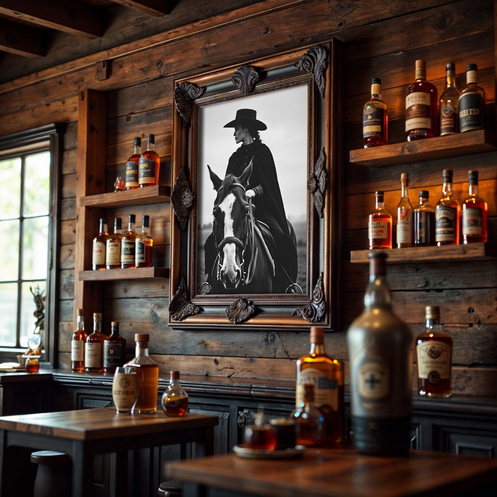 Cowgirl Rider: Western Woman on Horseback - Black & White Photo Style Art Print