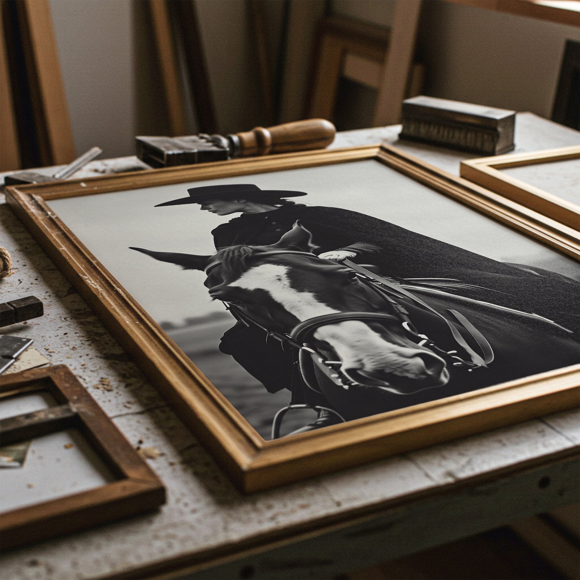 Cowgirl Rider: Western Woman on Horseback - Black & White Photo Style Art Print