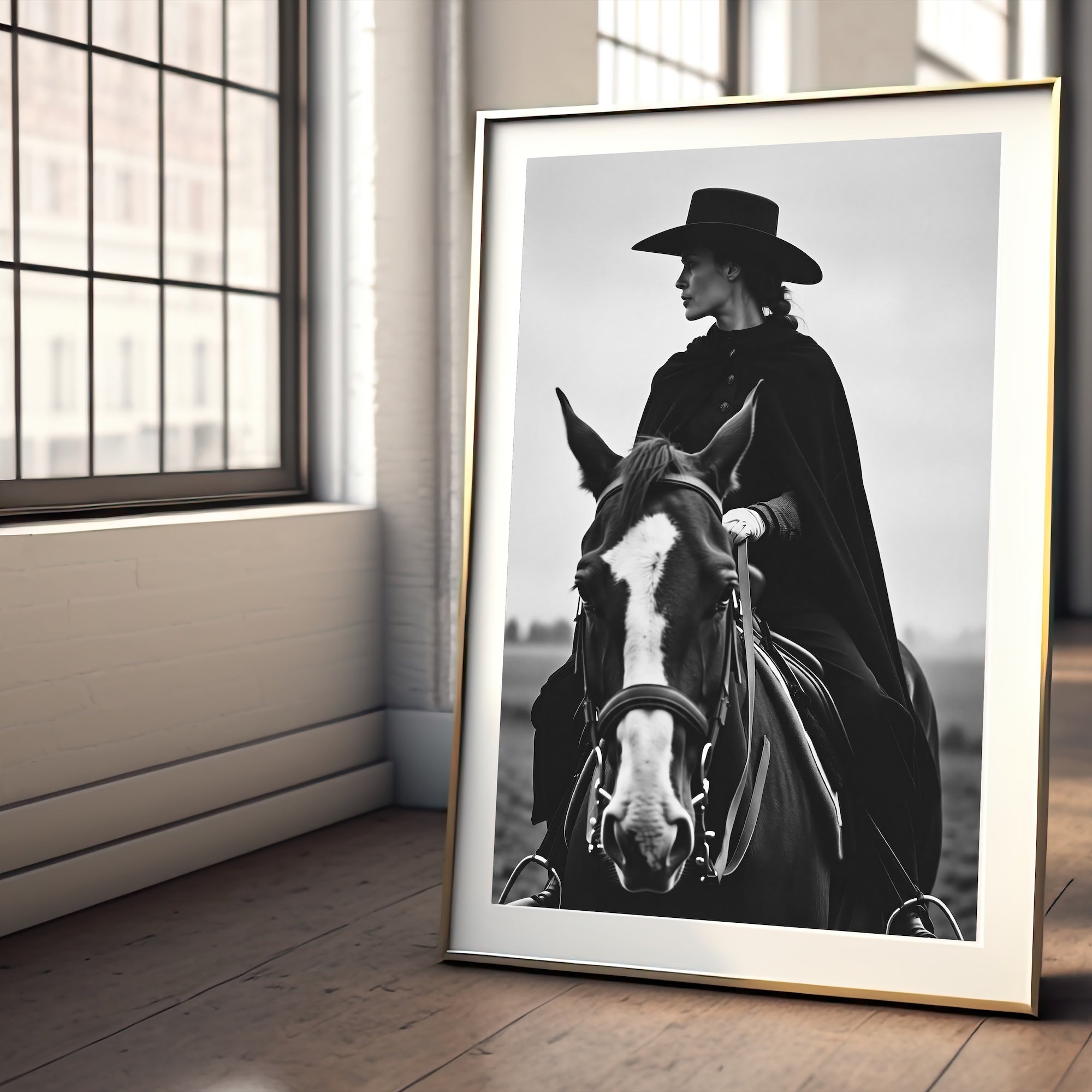 Cowgirl Rider: Western Woman on Horseback - Black & White Photo Style Art Print