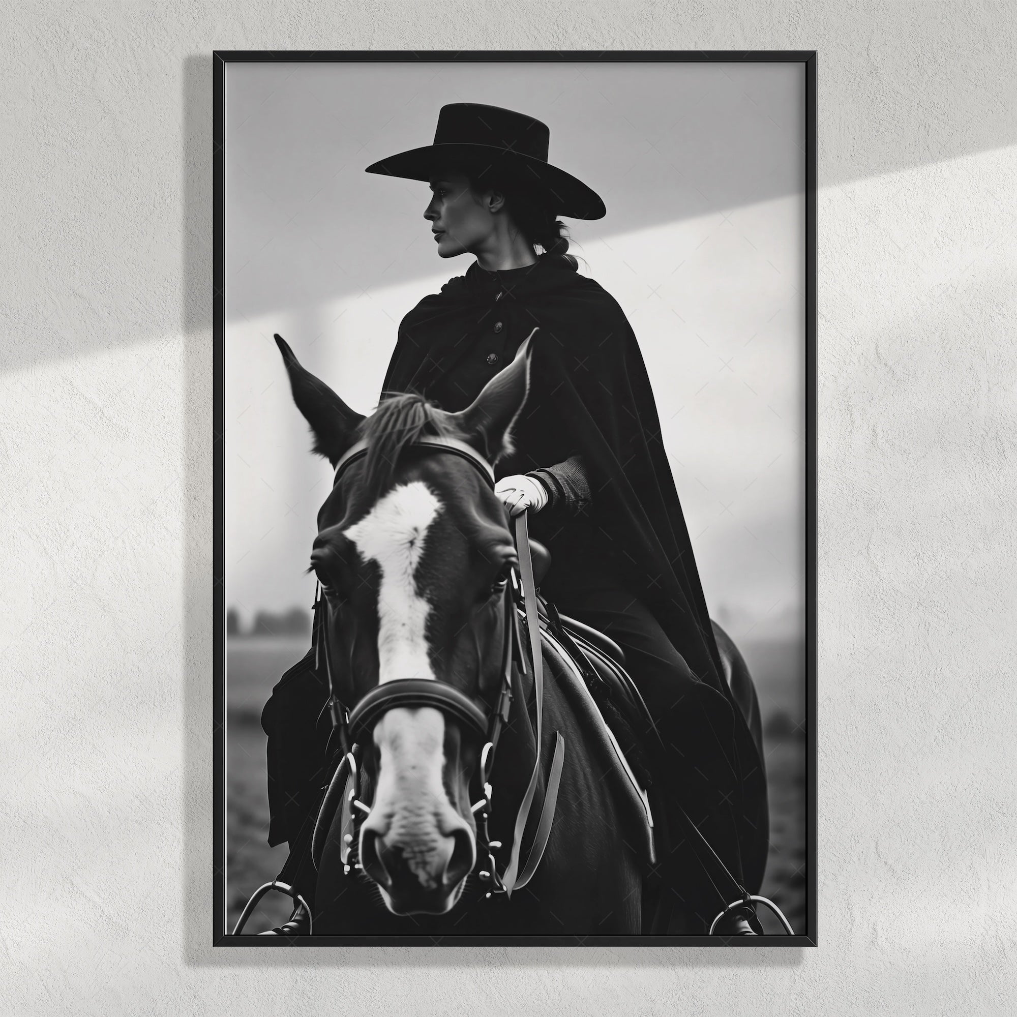 Cowgirl Rider: Western Woman on Horseback - Black & White Photo Style Art Print