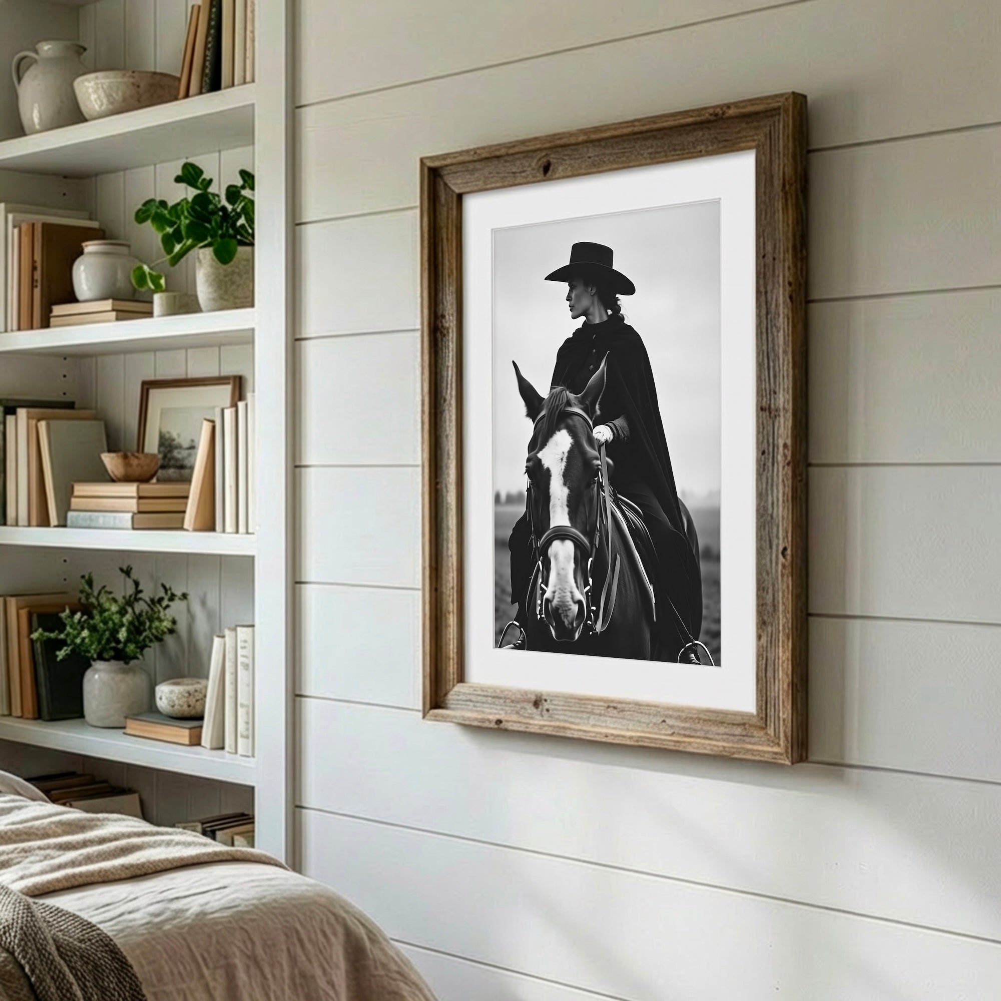 Cowgirl Rider: Western Woman on Horseback - Black & White Photo Style Art Print