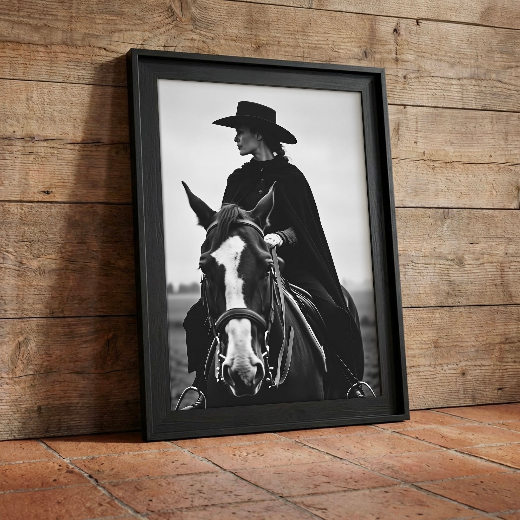 Cowgirl Rider: Western Woman on Horseback - Black & White Photo Style Art Print