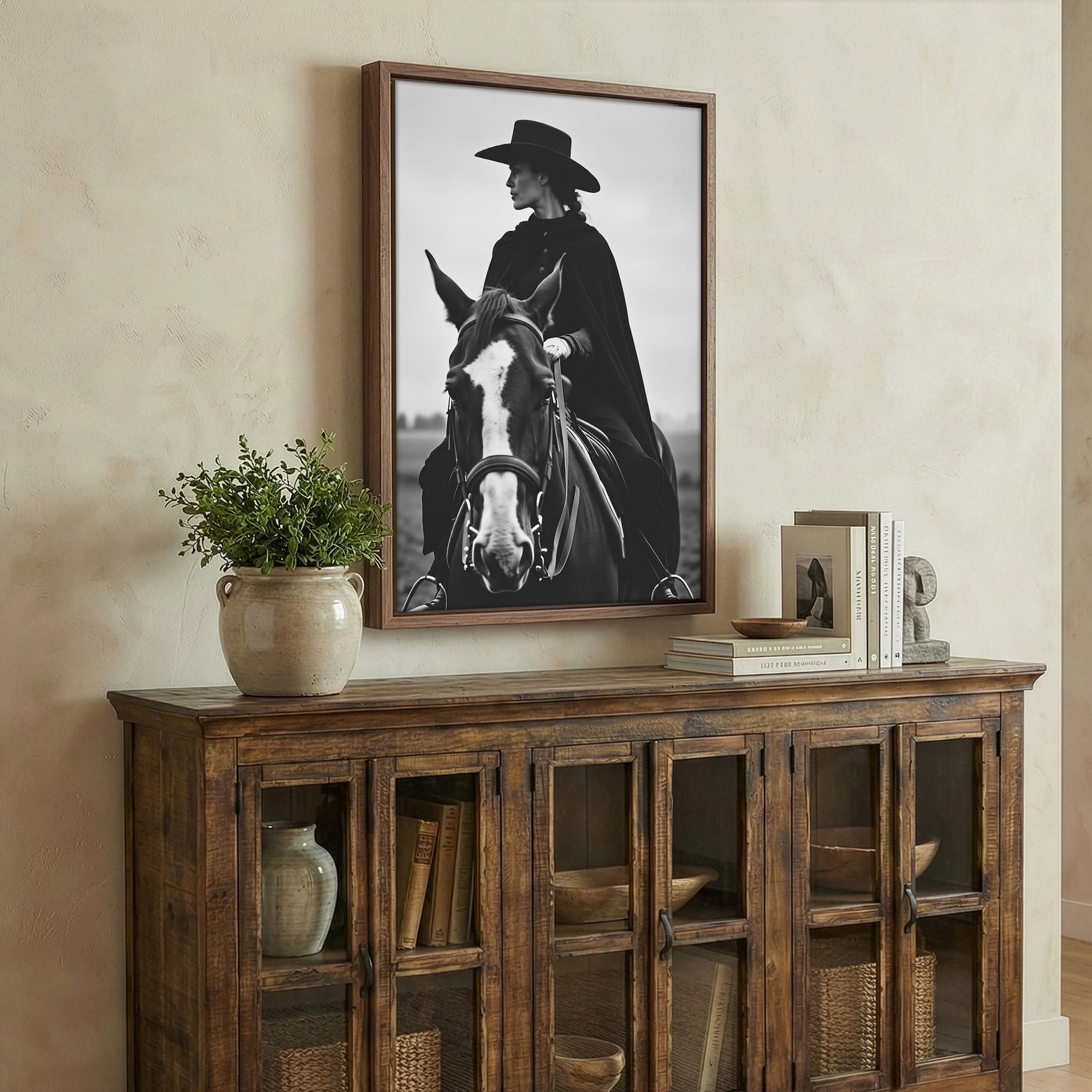 Cowgirl Rider: Western Woman on Horseback - Black & White Photo Style Art Print