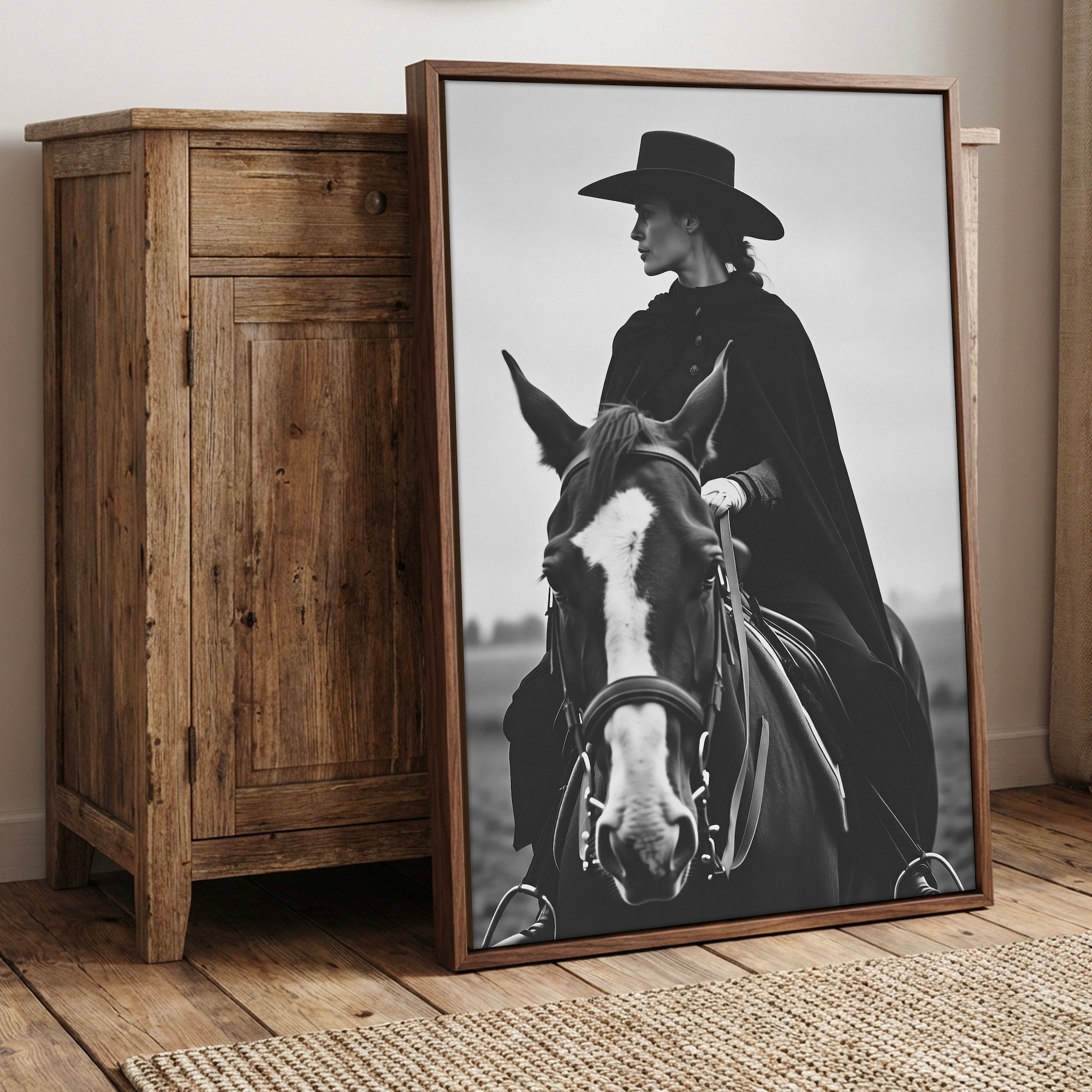 Cowgirl Rider: Western Woman on Horseback - Black & White Photo Style Art Print