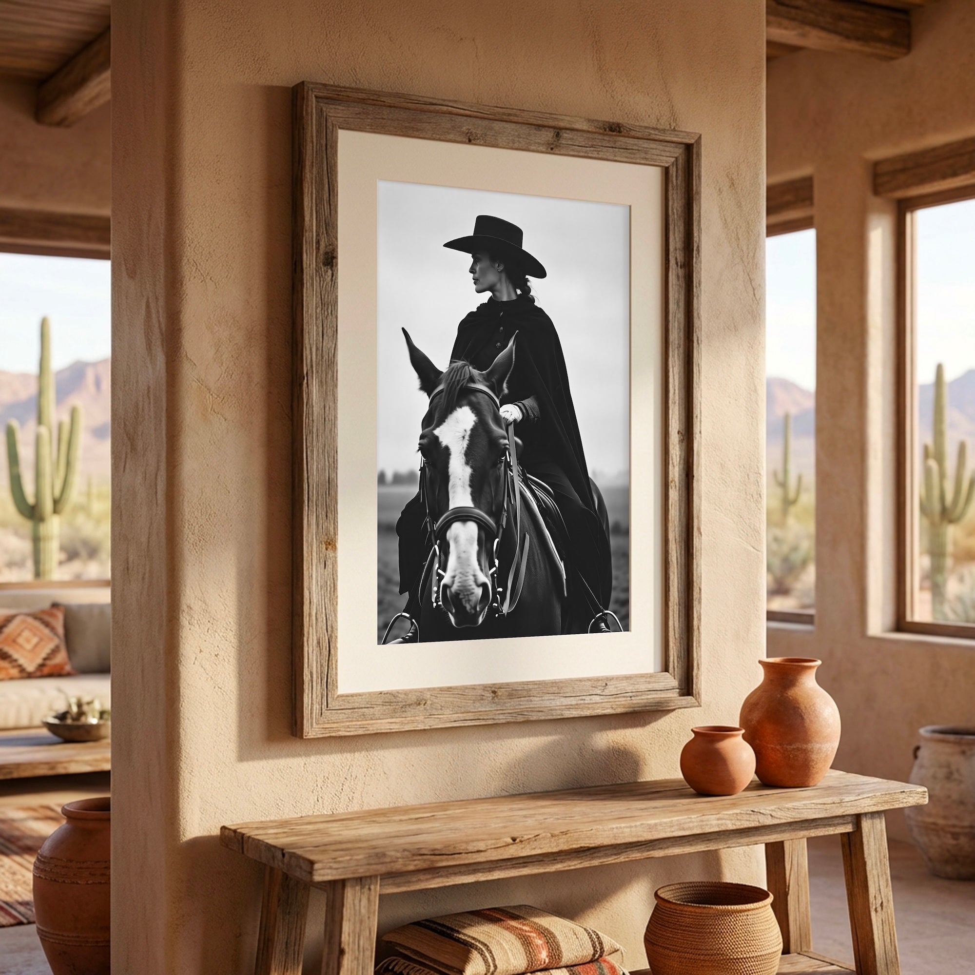 Cowgirl Rider: Western Woman on Horseback - Black & White Photo Style Art Print