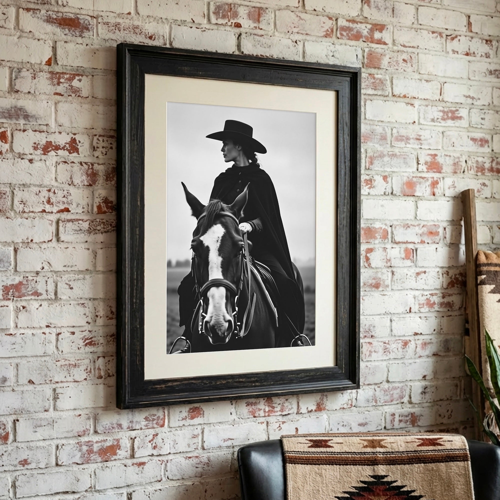 Cowgirl Rider: Western Woman on Horseback - Black & White Photo Style Art Print