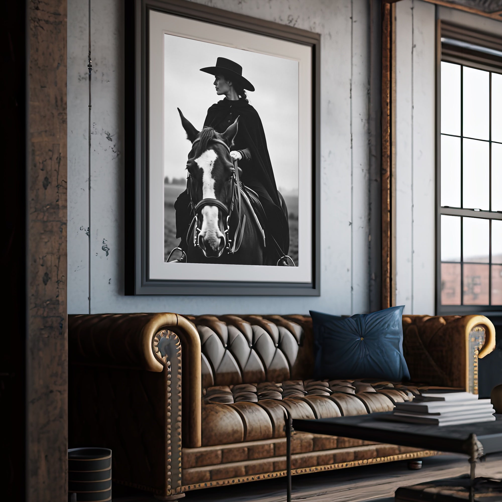 Cowgirl Rider: Western Woman on Horseback - Black & White Photo Style Art Print