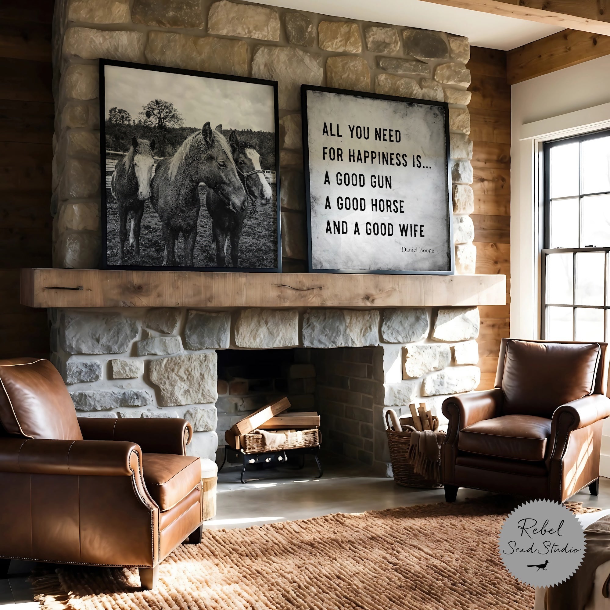 Daniel Boone Quote: All You Need For Happiness is a Good Gun, a Good Horse, and a Good Wife (Art Print)