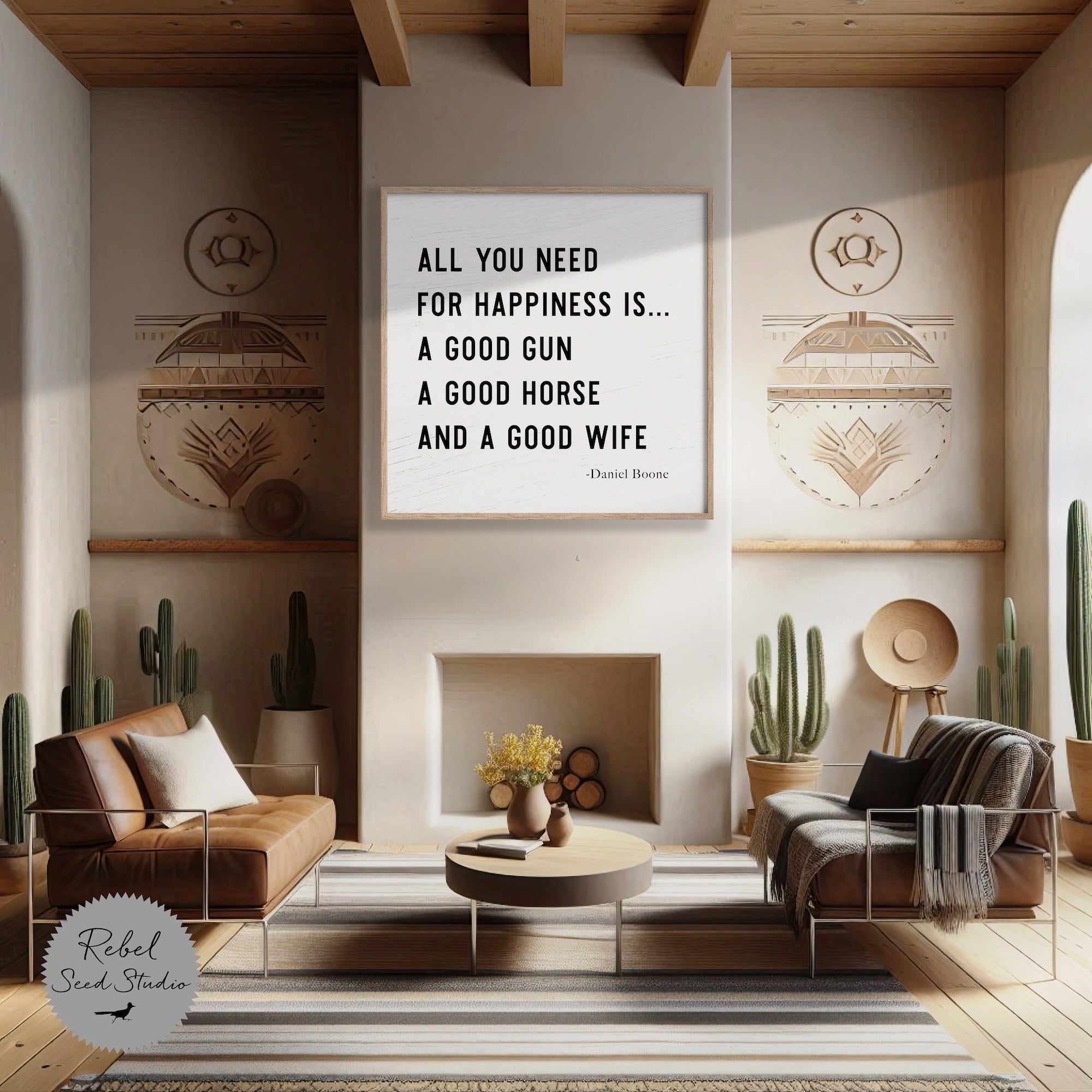 Daniel Boone Quote: All You Need for Happiness Is A Good Gun, A Good Horse, and A Good Wife (Ready-to-Frame Fine Art Poster Print)