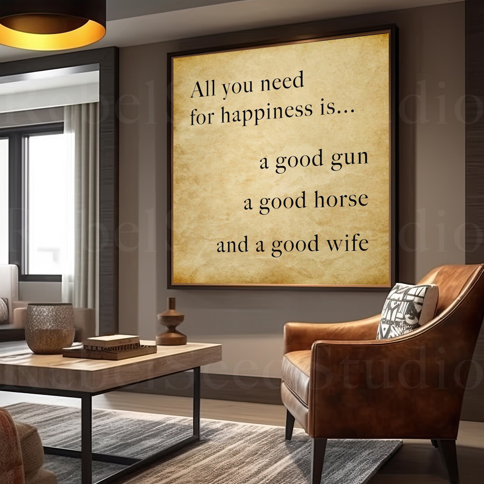 Daniel Boone Quote: All You Need For Happiness Is a Good Gun, a Good Horse & A Good Wife - Wall Art (Metal Print, Archival Print or Poster Print)