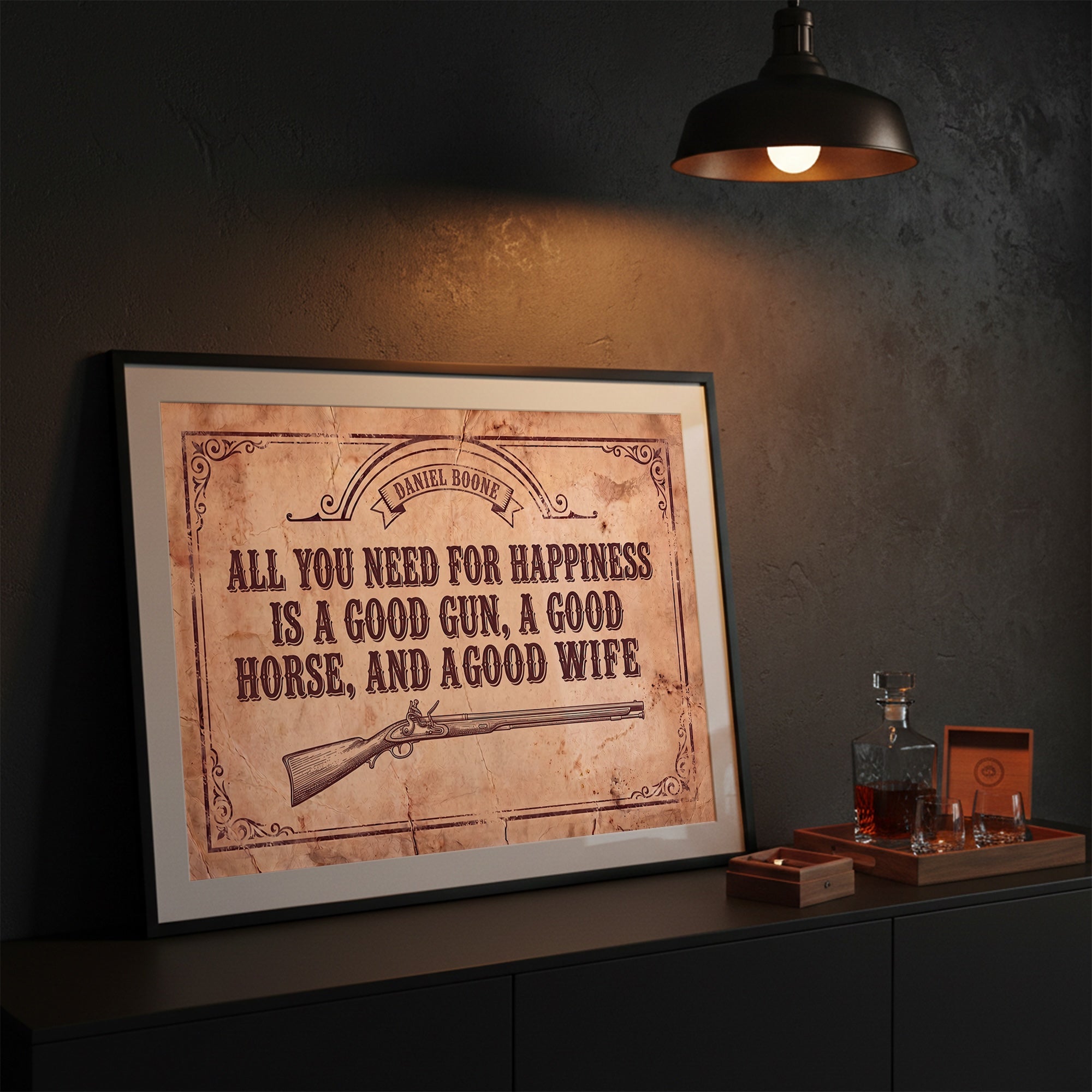 [SOLD OUT] Daniel Boone Quote: All You Need for Happiness Is a Good Gun, a Good Horse, and a Good Wife - Funny Vintage Old West Art Print