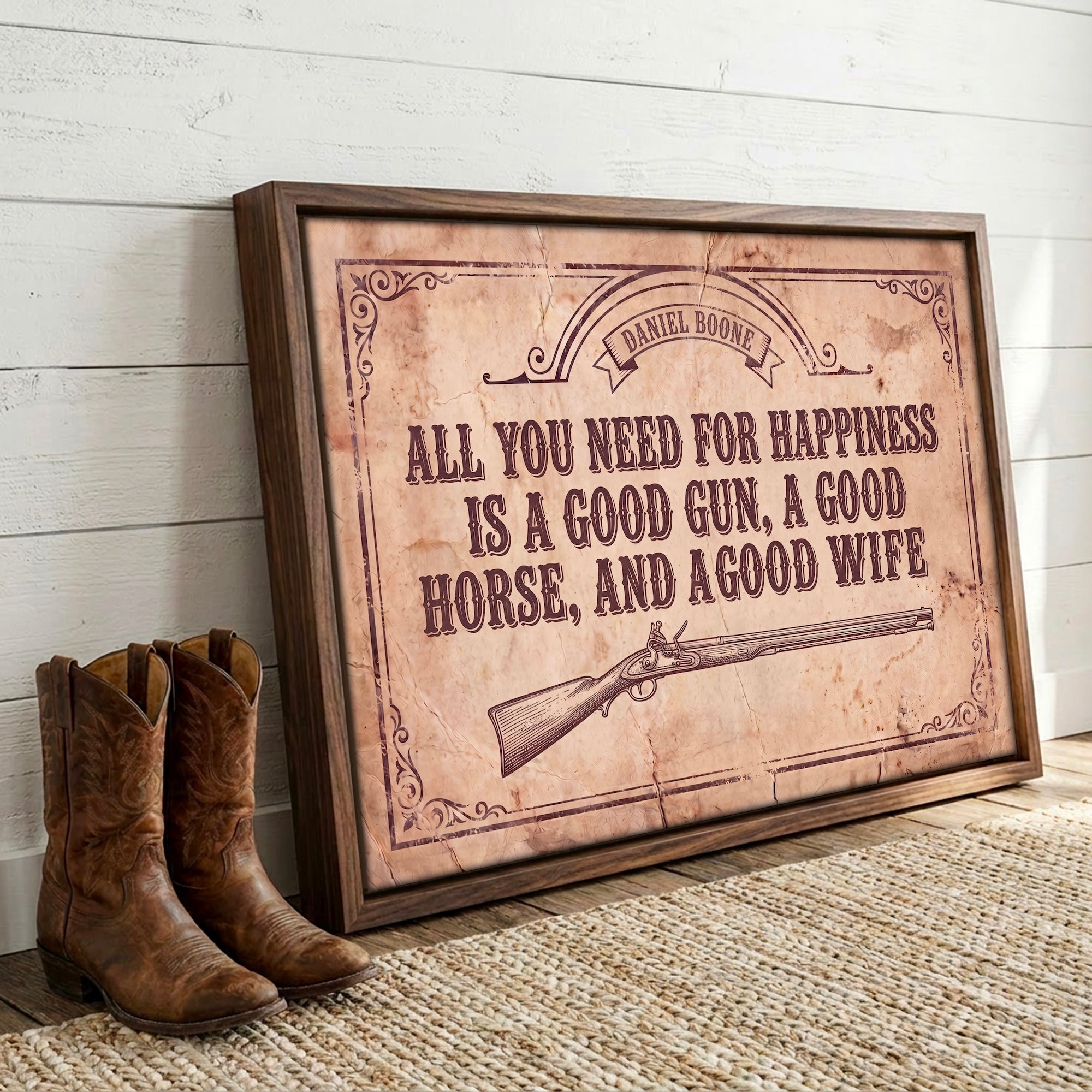 [SOLD OUT] Daniel Boone Quote: All You Need for Happiness Is a Good Gun, a Good Horse, and a Good Wife - Funny Vintage Old West Art Print