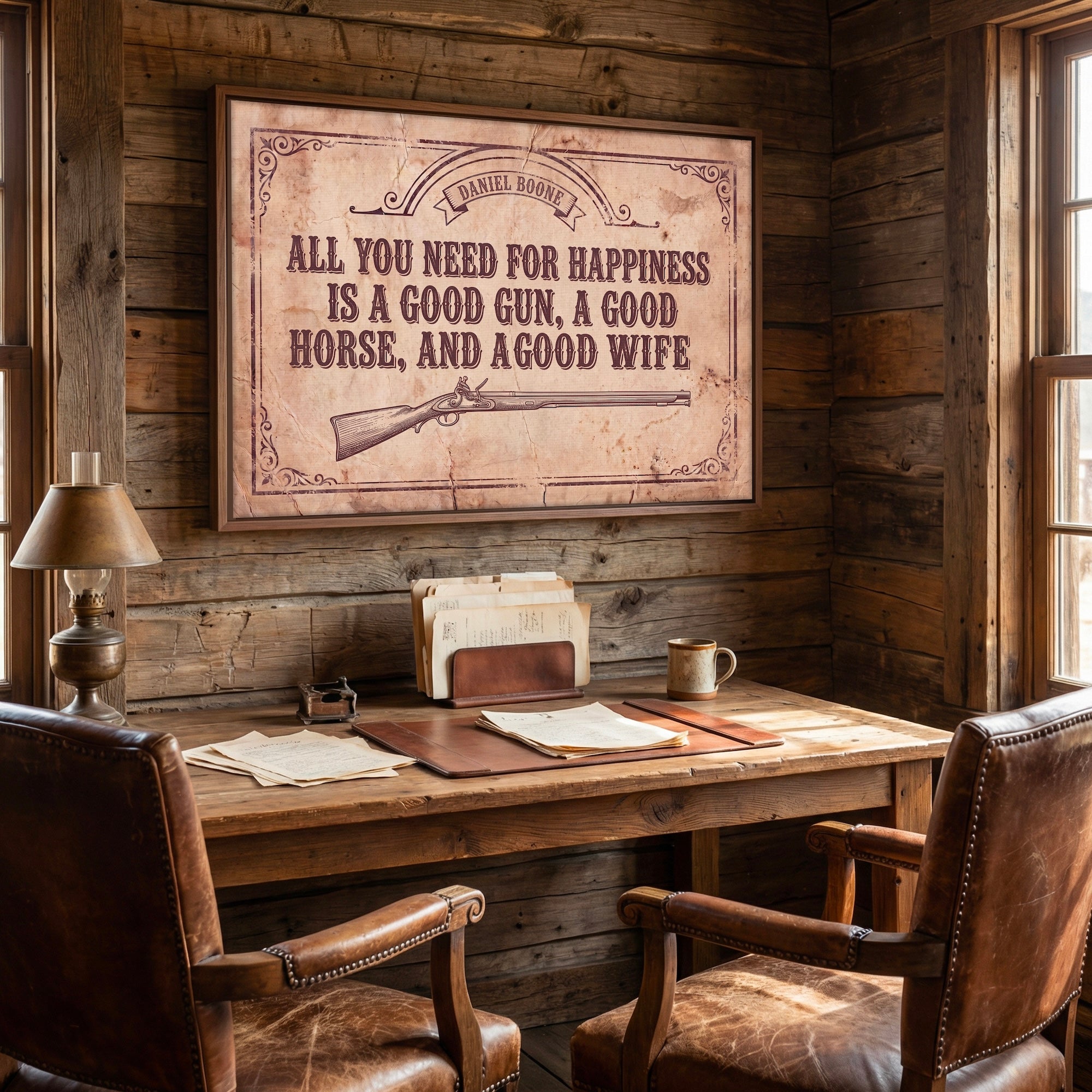 [SOLD OUT] Daniel Boone Quote: All You Need for Happiness Is a Good Gun, a Good Horse, and a Good Wife - Funny Vintage Old West Art Print