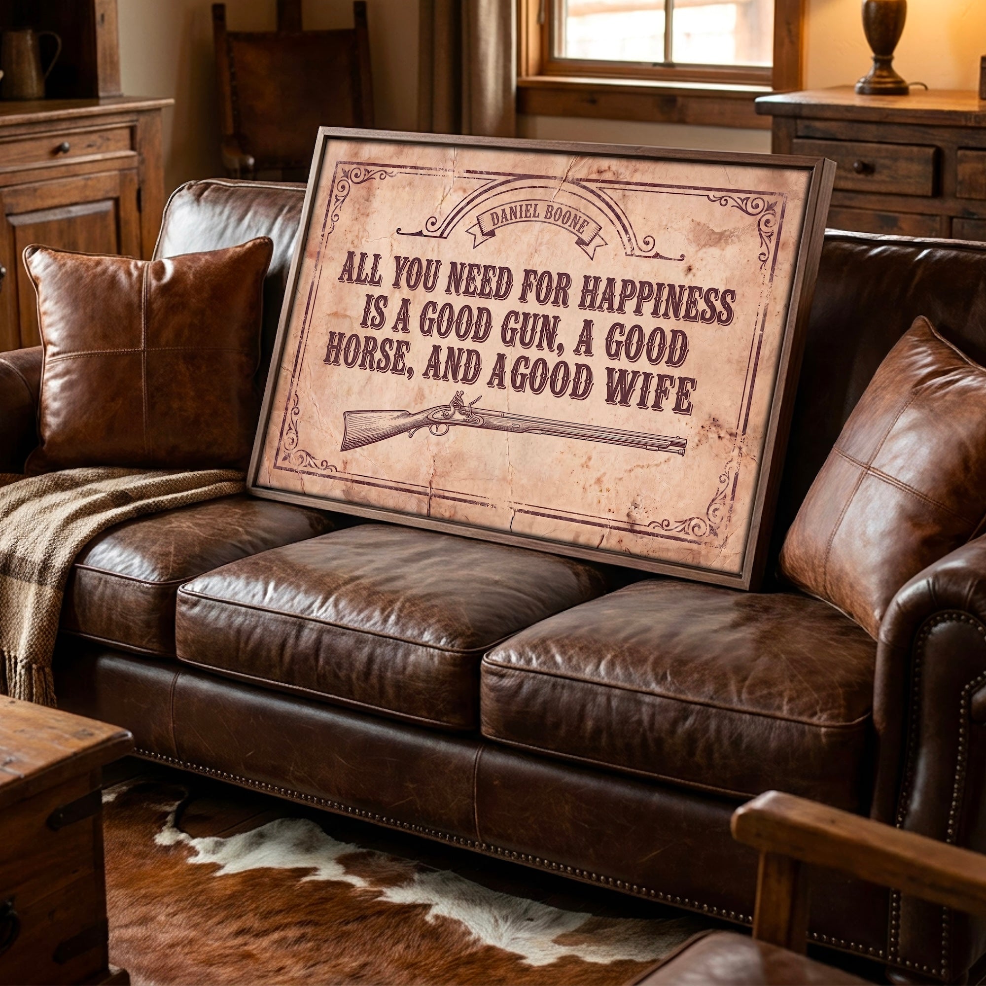 [SOLD OUT] Daniel Boone Quote: All You Need for Happiness Is a Good Gun, a Good Horse, and a Good Wife - Funny Vintage Old West Art Print