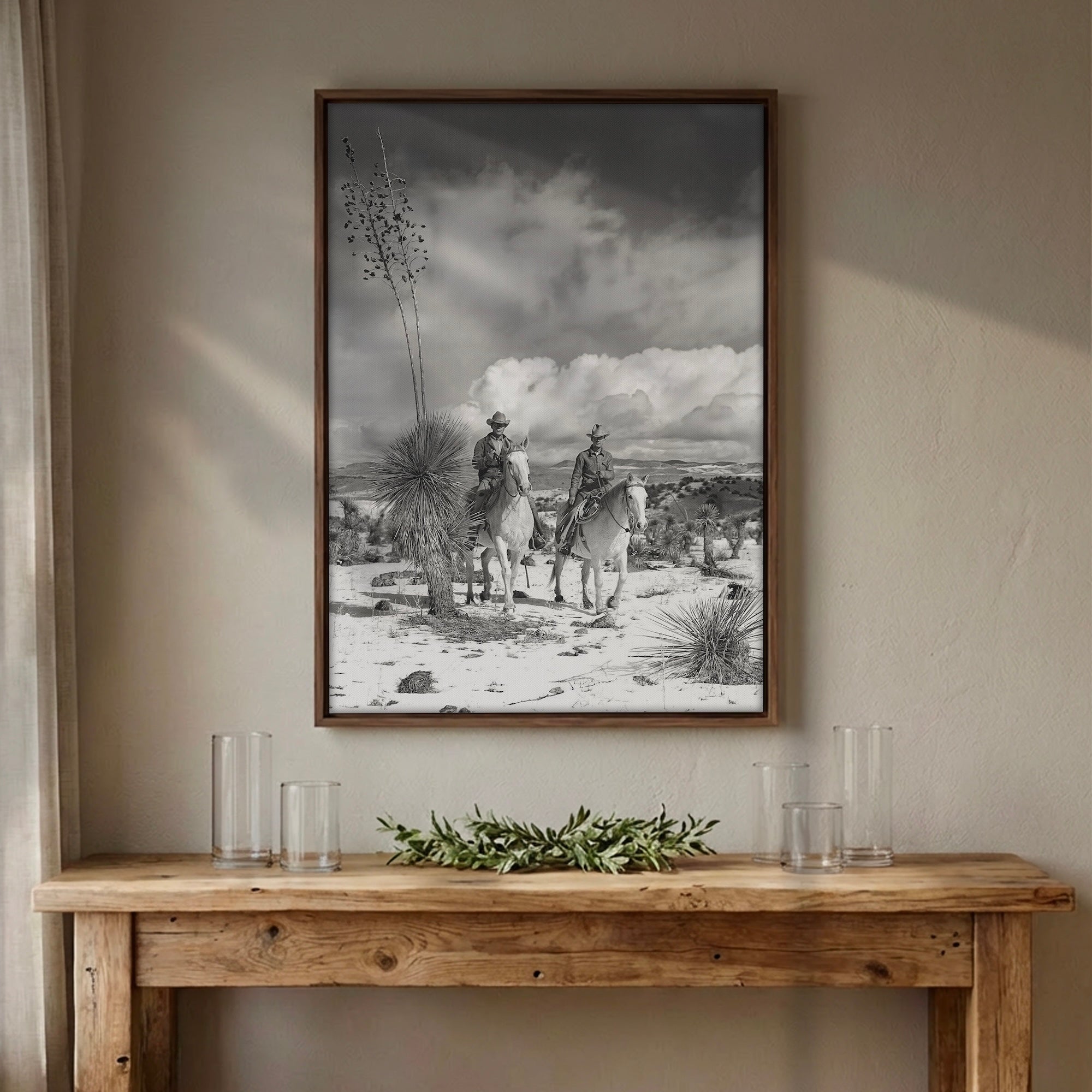 Desert Cowboys on Horseback: Vintage Western Black & White Photograph (Art Print)