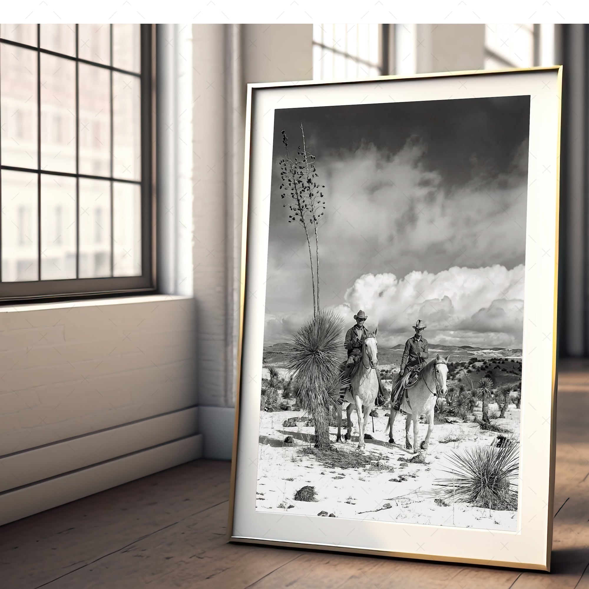 Desert Cowboys on Horseback: Vintage Western Black & White Photograph (Art Print)