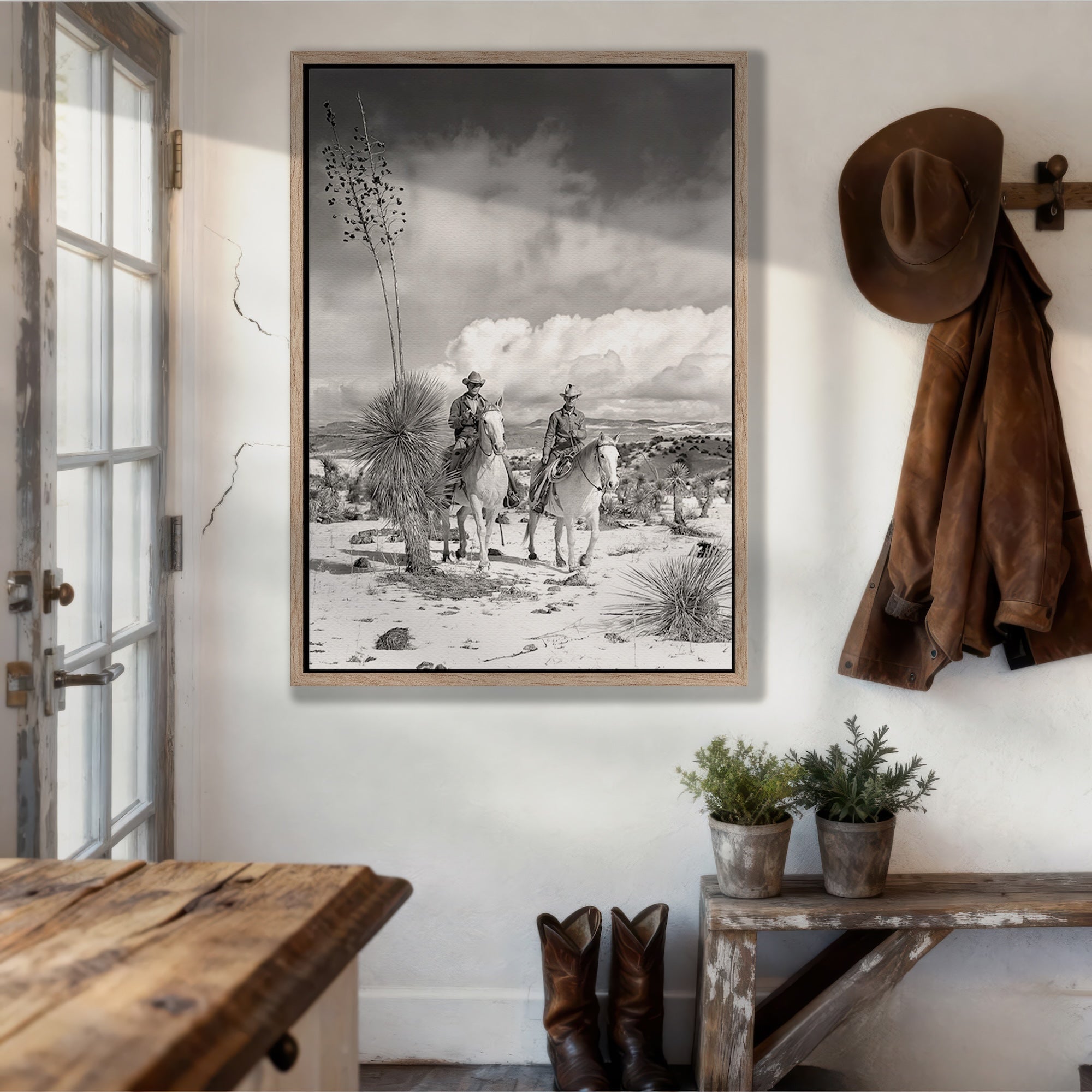 Desert Cowboys on Horseback: Vintage Western Black & White Photograph (Art Print)