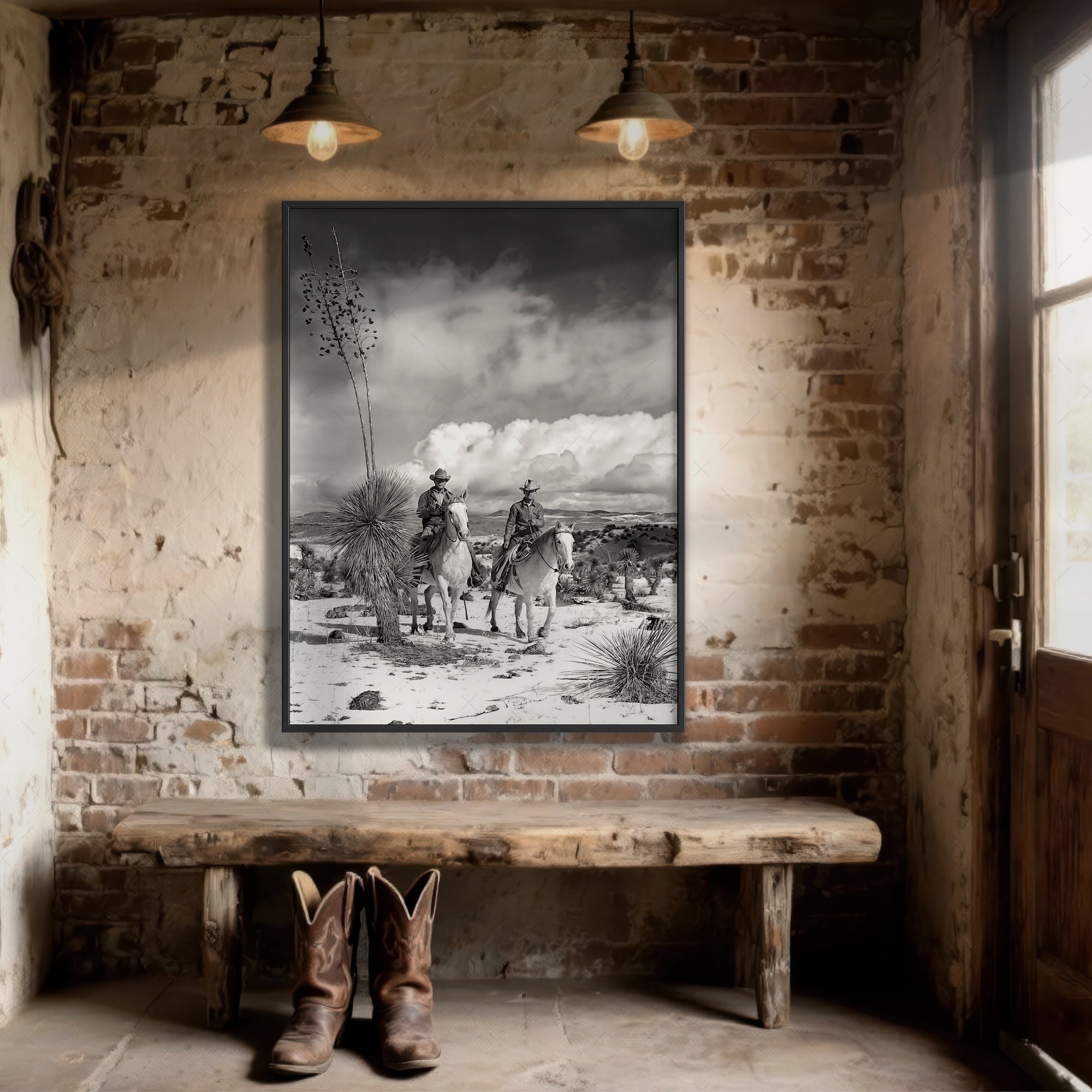 Desert Cowboys on Horseback: Vintage Western Black & White Photograph (Art Print)