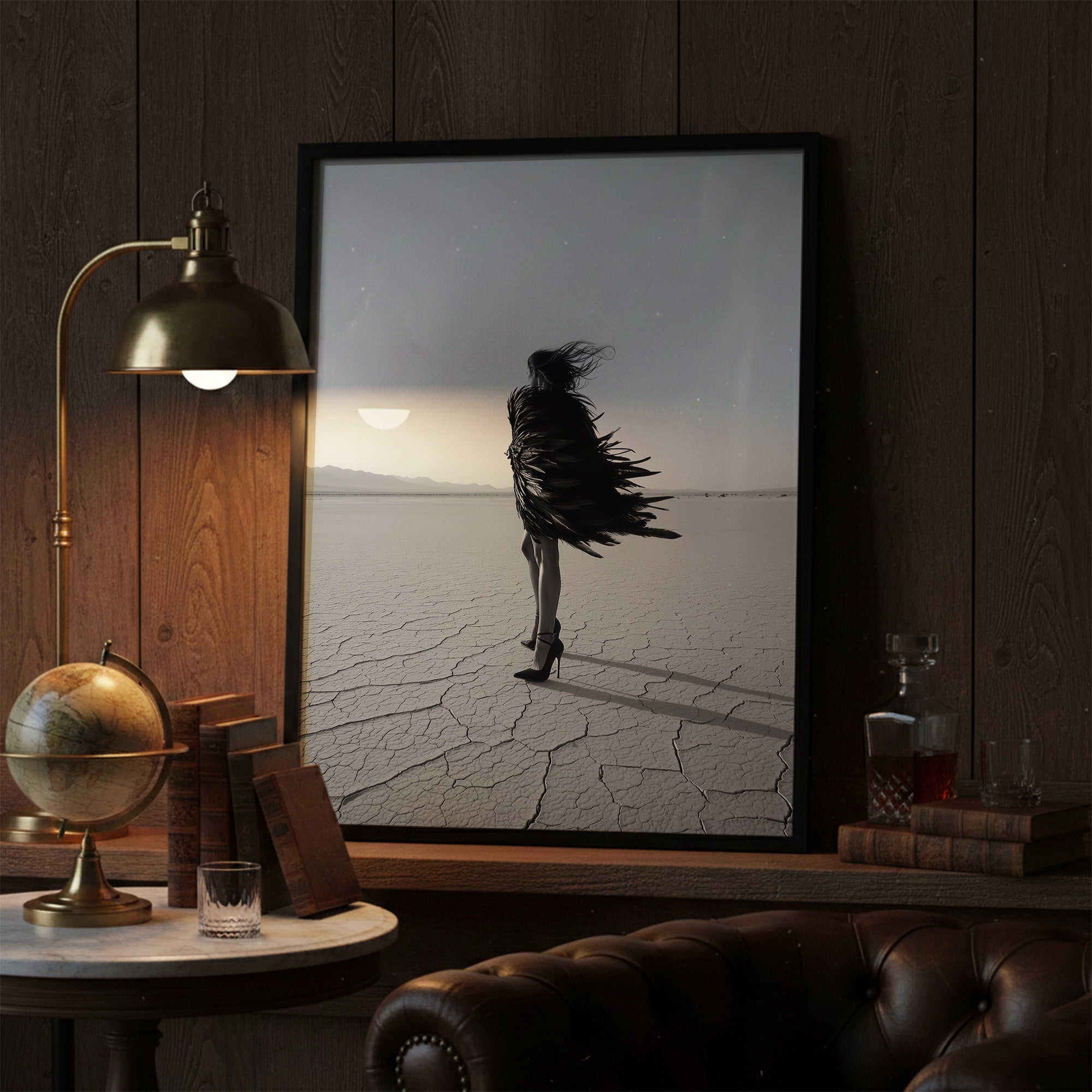 Las Vegas Showgirl: Feather Costume - Black & White Desert Art Print
