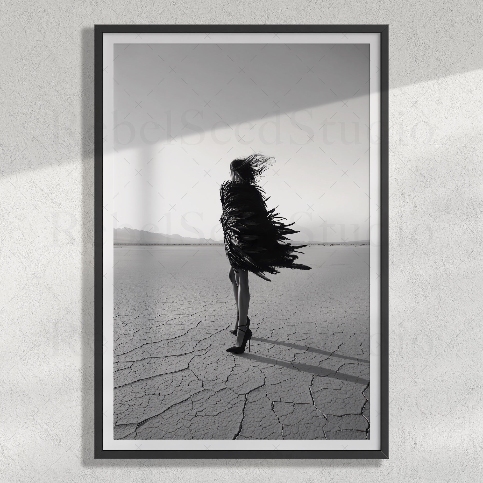 Las Vegas Showgirl: Feather Costume - Black & White Desert Photograph (Art Print)