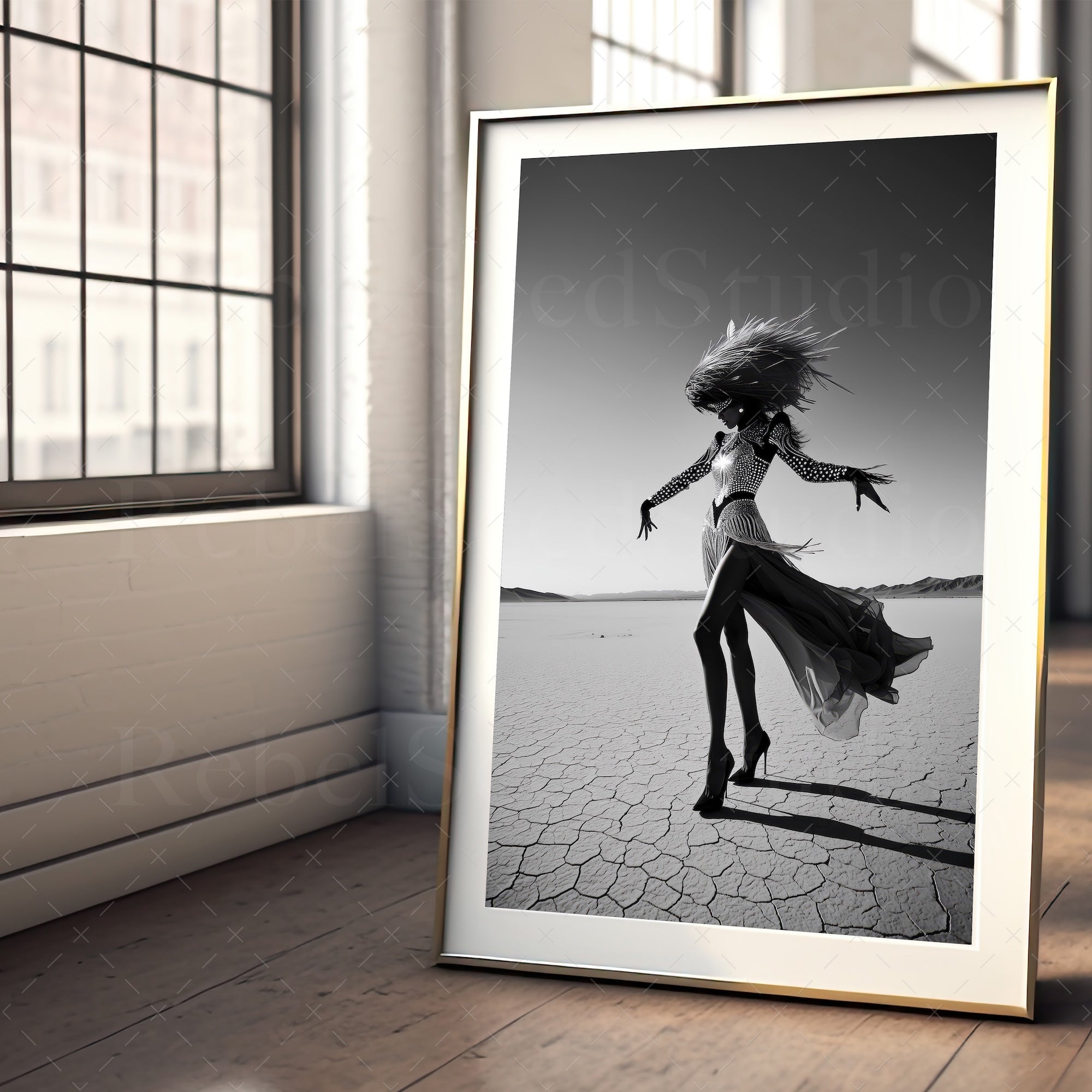 Las Vegas Showgirl: Glamorous Black & White Desert Photograph (Art Print)