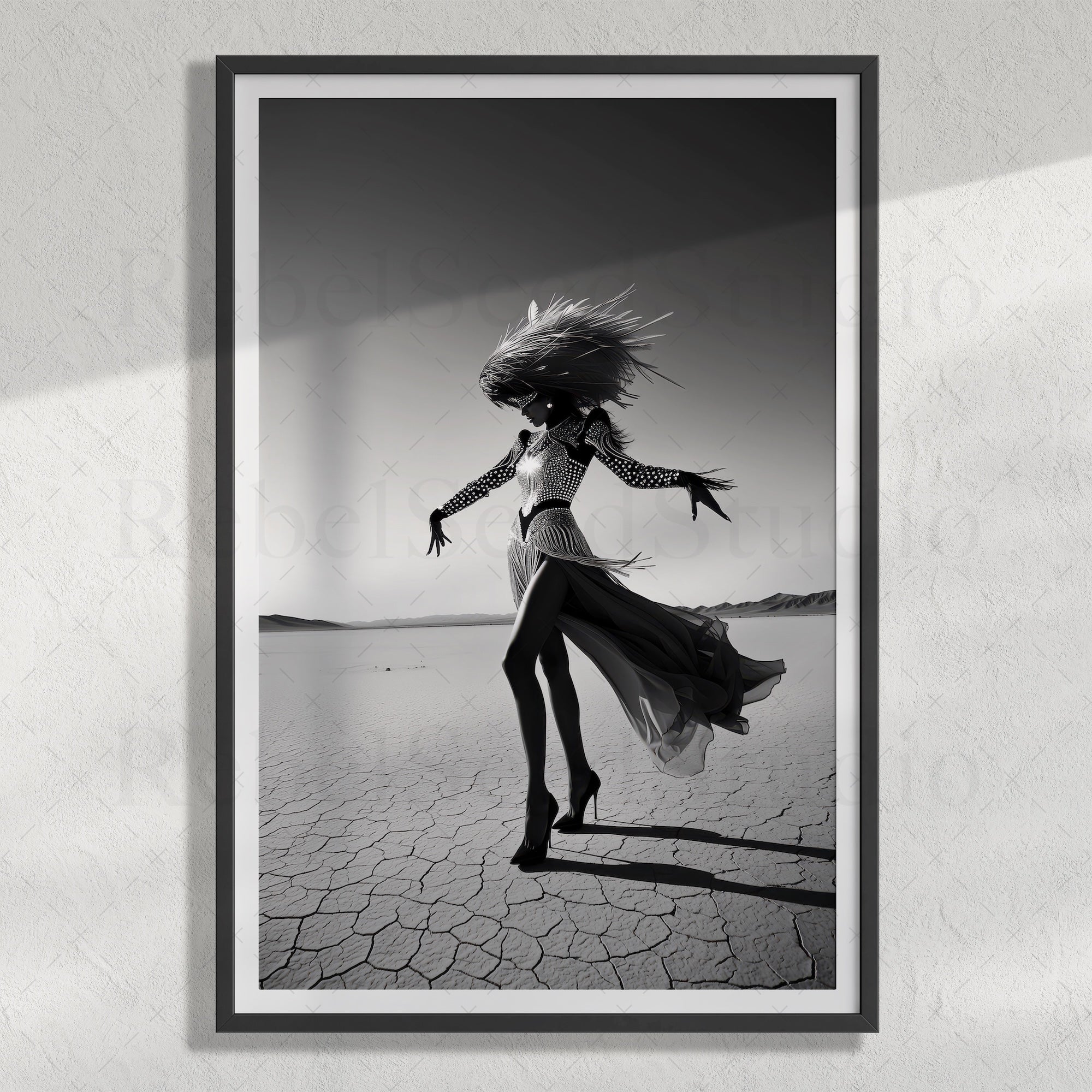 Las Vegas Showgirl: Glamorous Black & White Desert Photograph (Art Print)