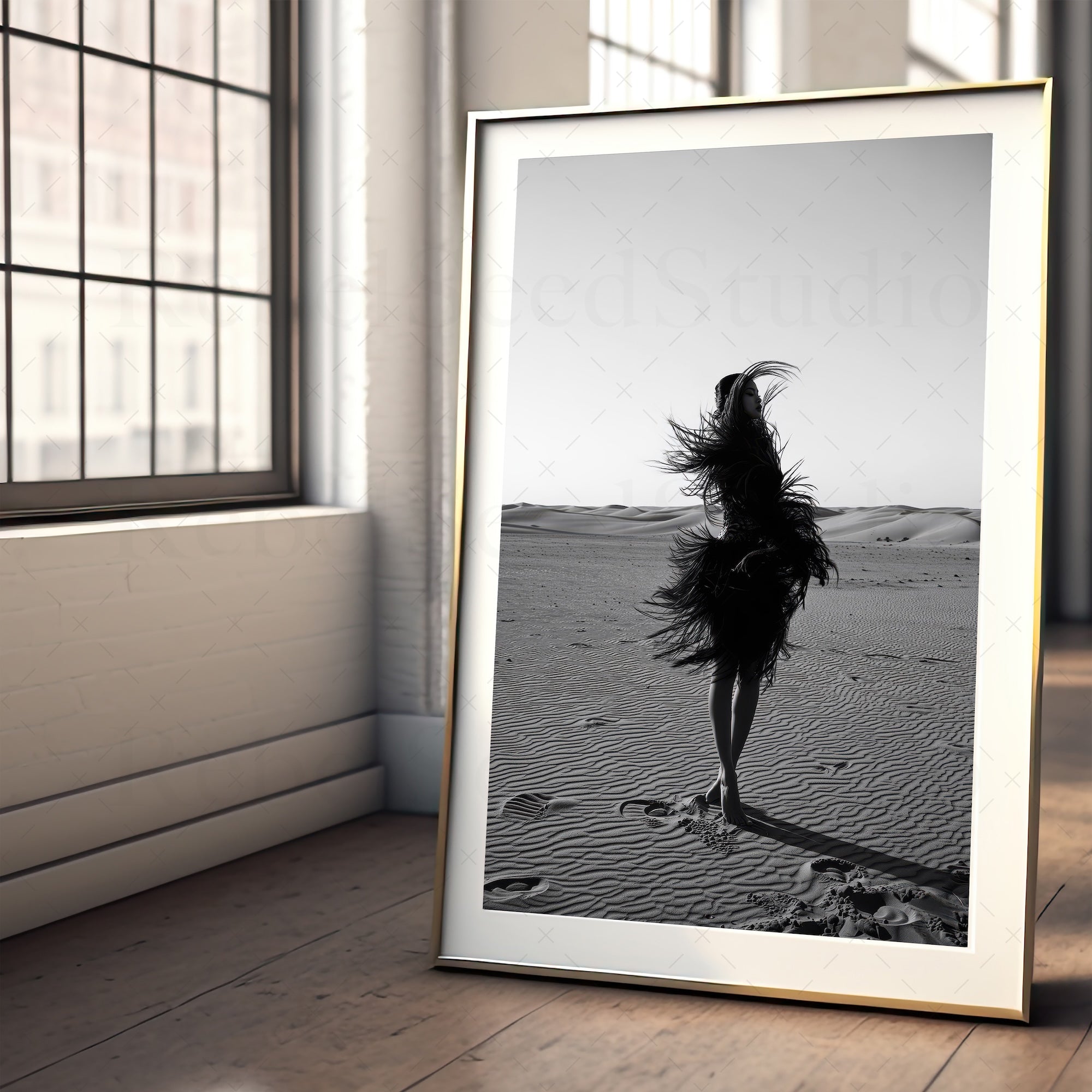 Las Vegas Showgirl: Black & White Desert Sand Photograph (Art Print)