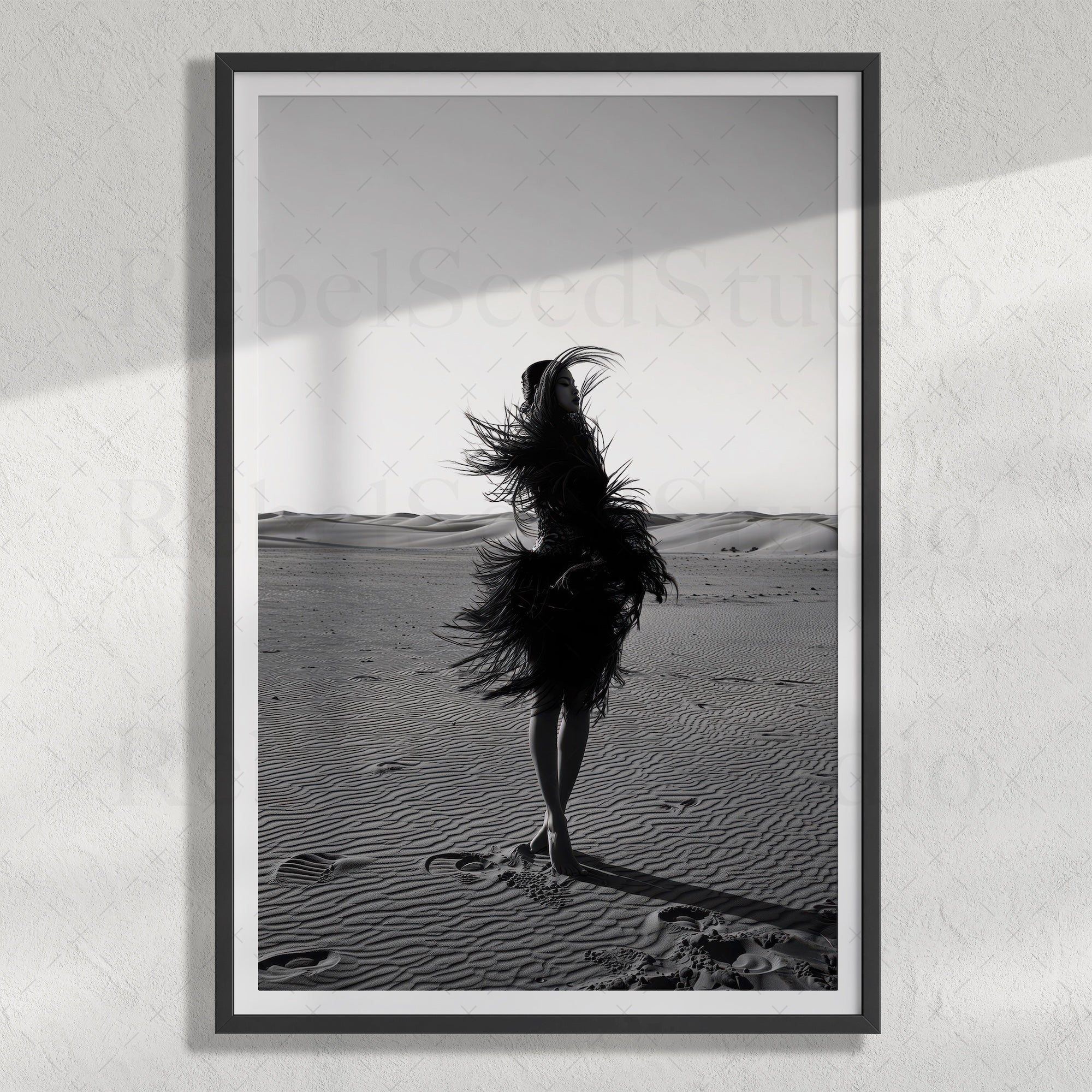 Las Vegas Showgirl: Black & White Desert Sand Photograph (Art Print)