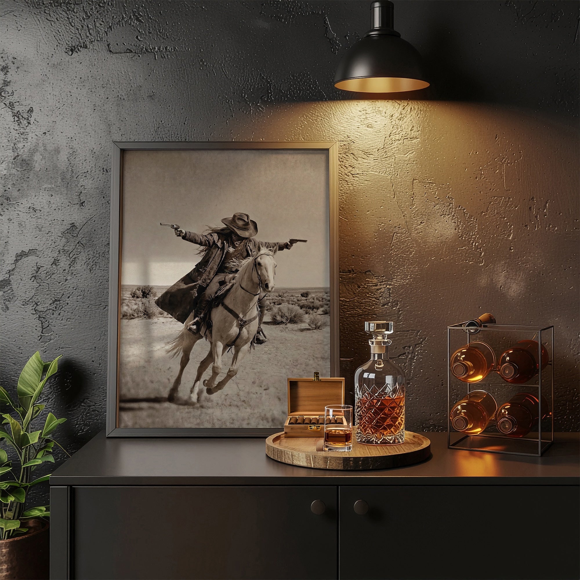 Double Shot: Outlaw Cowgirl Gunslinger on Horseback - Vintage Western Sepia Art Print