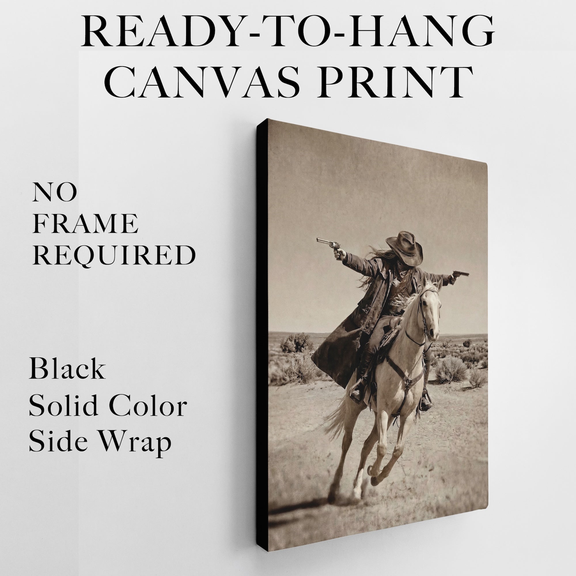 Double Shot: Outlaw Cowgirl Gunslinger on Horseback - Vintage Western Sepia Art Print