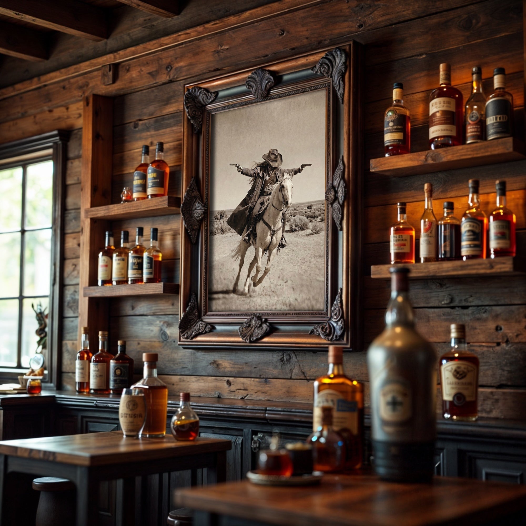 Double Shot: Outlaw Cowgirl Gunslinger on Horseback - Vintage Western Sepia Art Print
