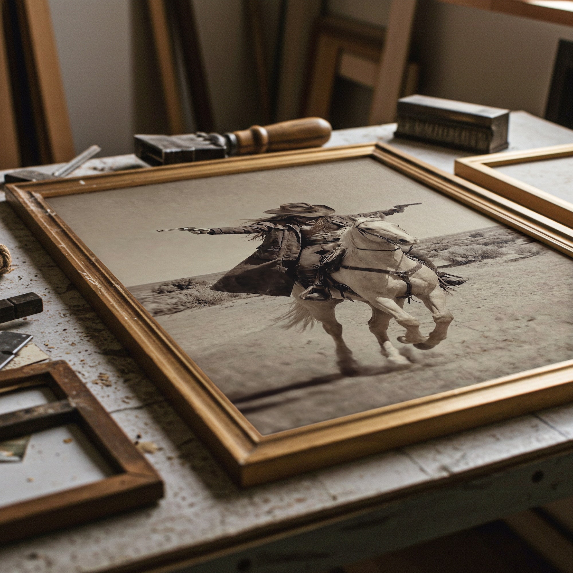 Double Shot: Outlaw Cowgirl Gunslinger on Horseback - Vintage Western Sepia Art Print
