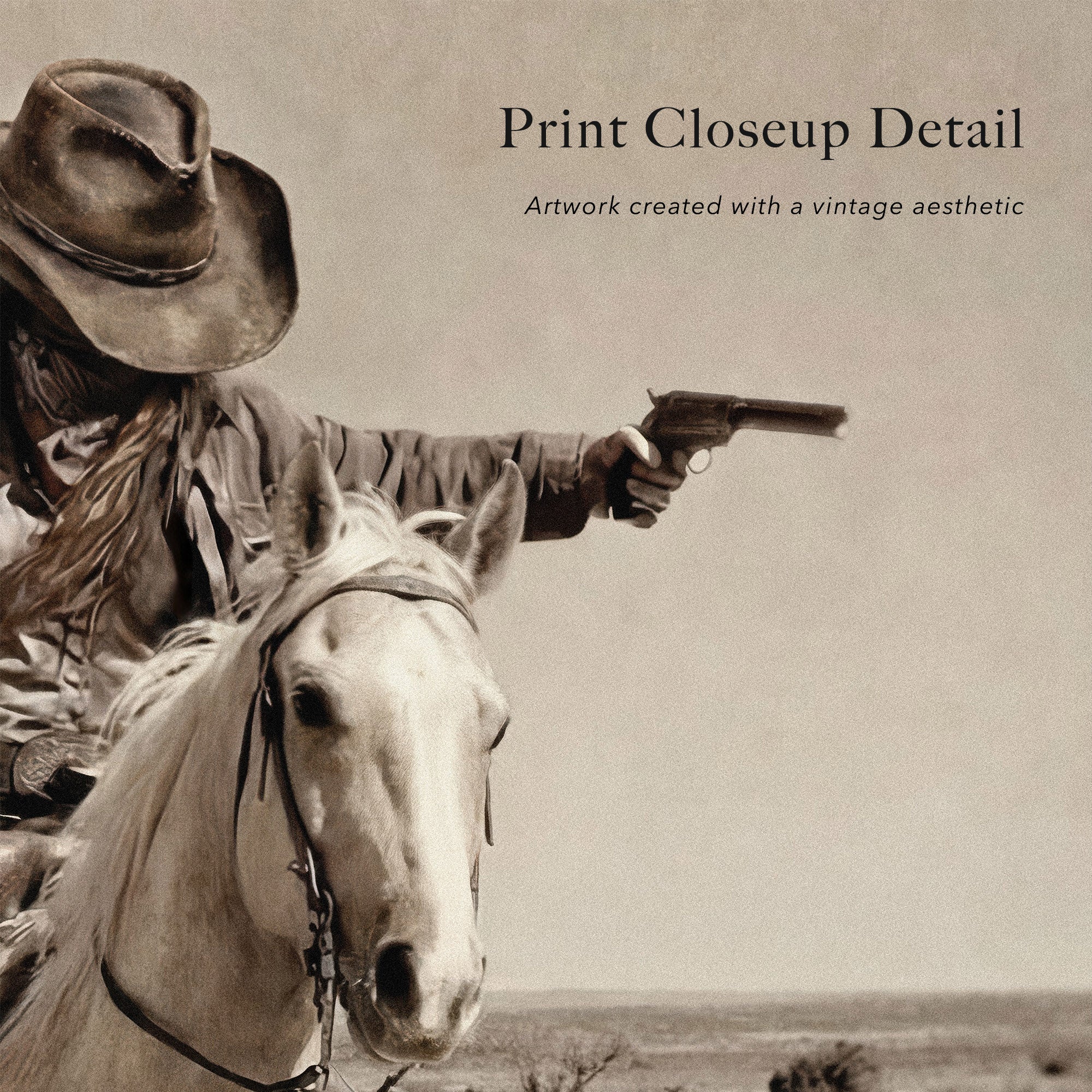 Double Shot: Outlaw Cowgirl Gunslinger on Horseback - Vintage Western Sepia Art Print