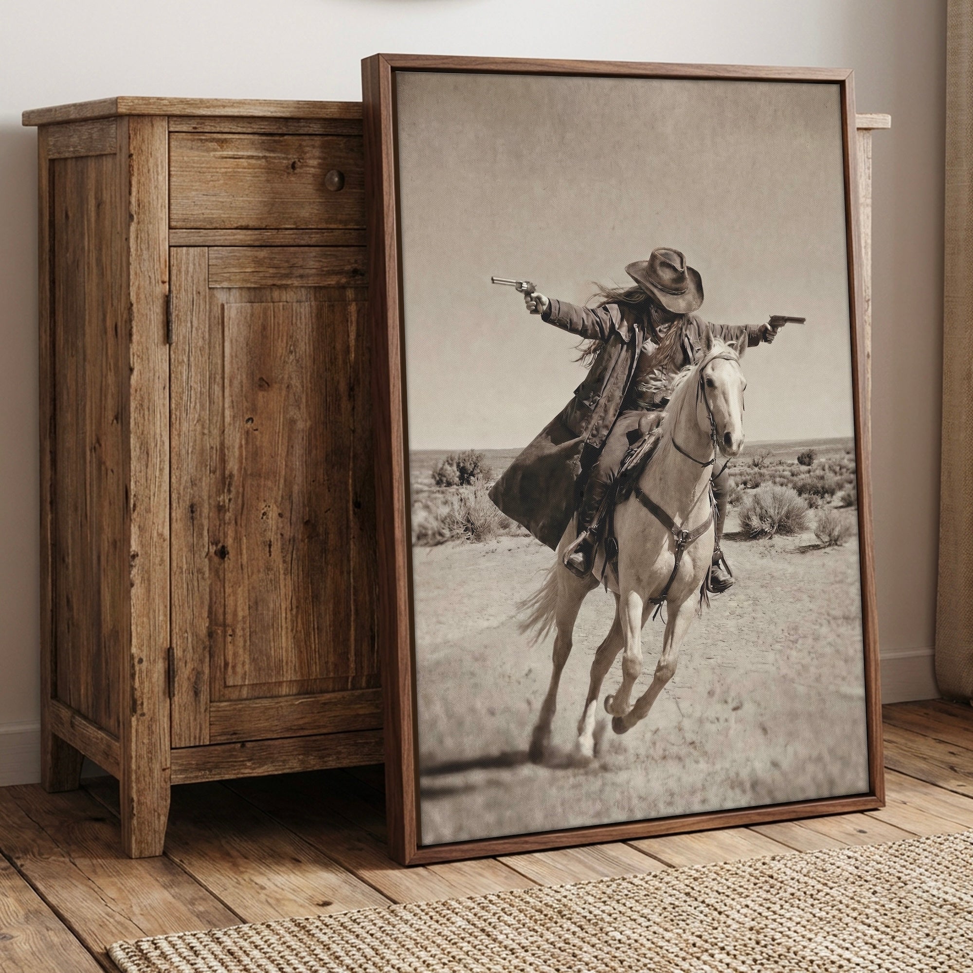 Double Shot: Outlaw Cowgirl Gunslinger on Horseback - Vintage Western Sepia Art Print