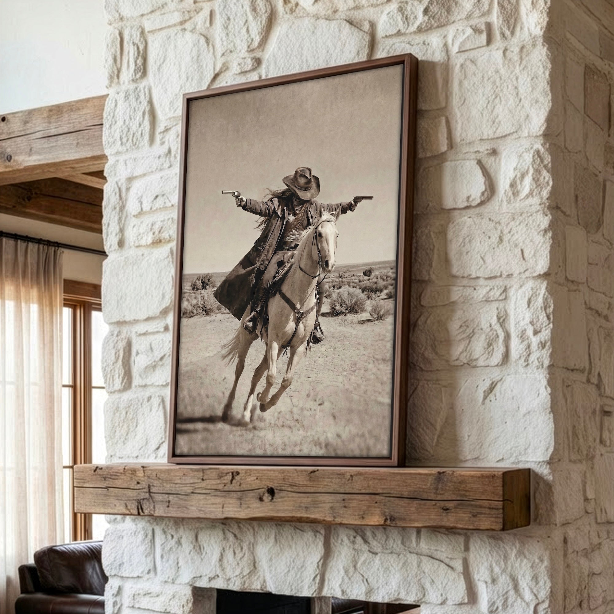 Double Shot: Outlaw Cowgirl Gunslinger on Horseback - Vintage Western Sepia Art Print