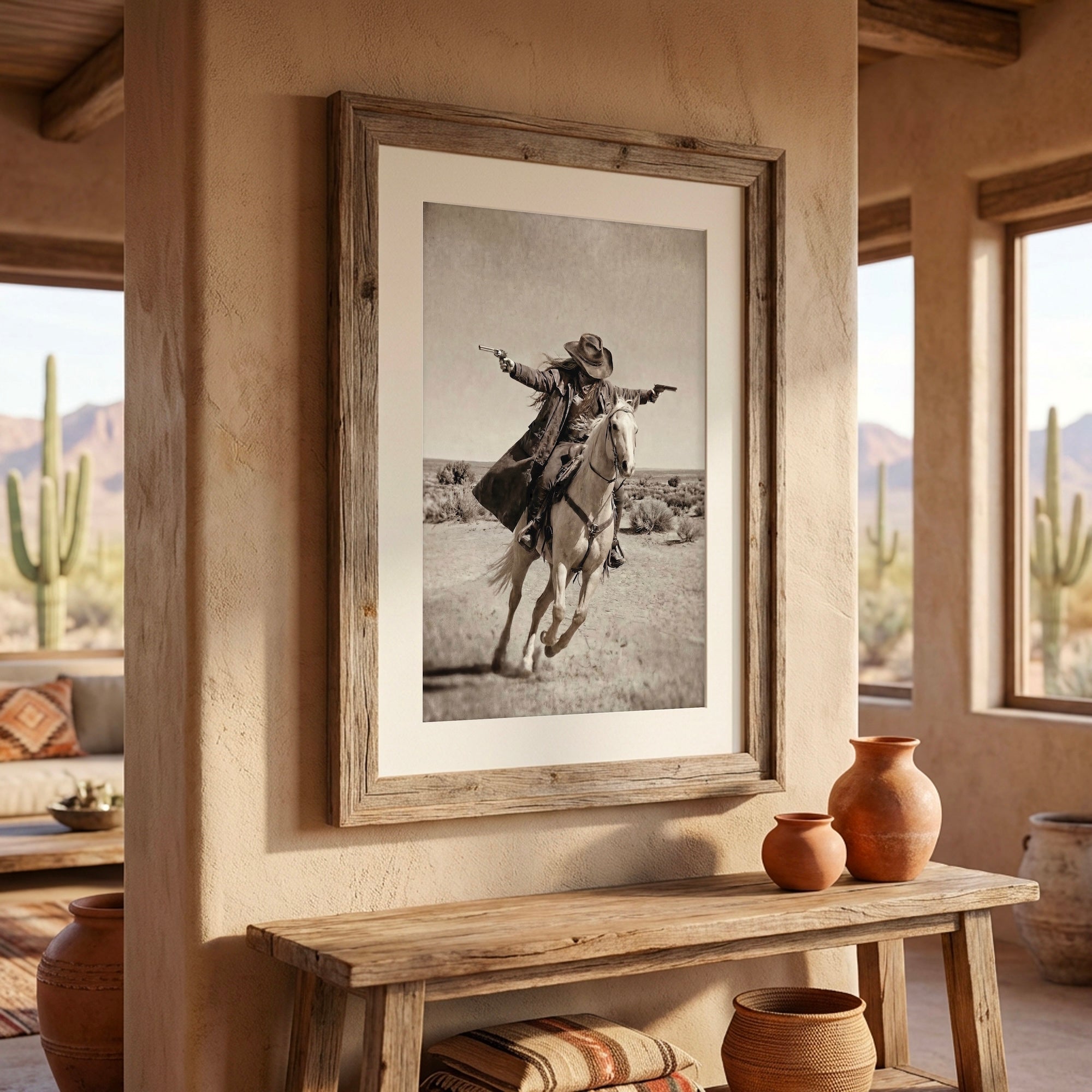 Double Shot: Outlaw Cowgirl Gunslinger on Horseback - Vintage Western Sepia Art Print