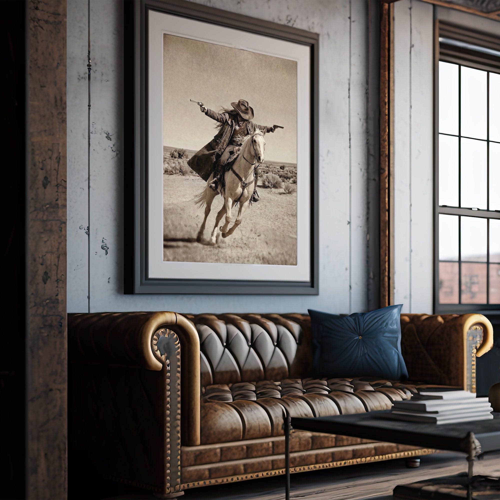 Double Shot: Outlaw Cowgirl Gunslinger on Horseback - Vintage Western Sepia Art Print