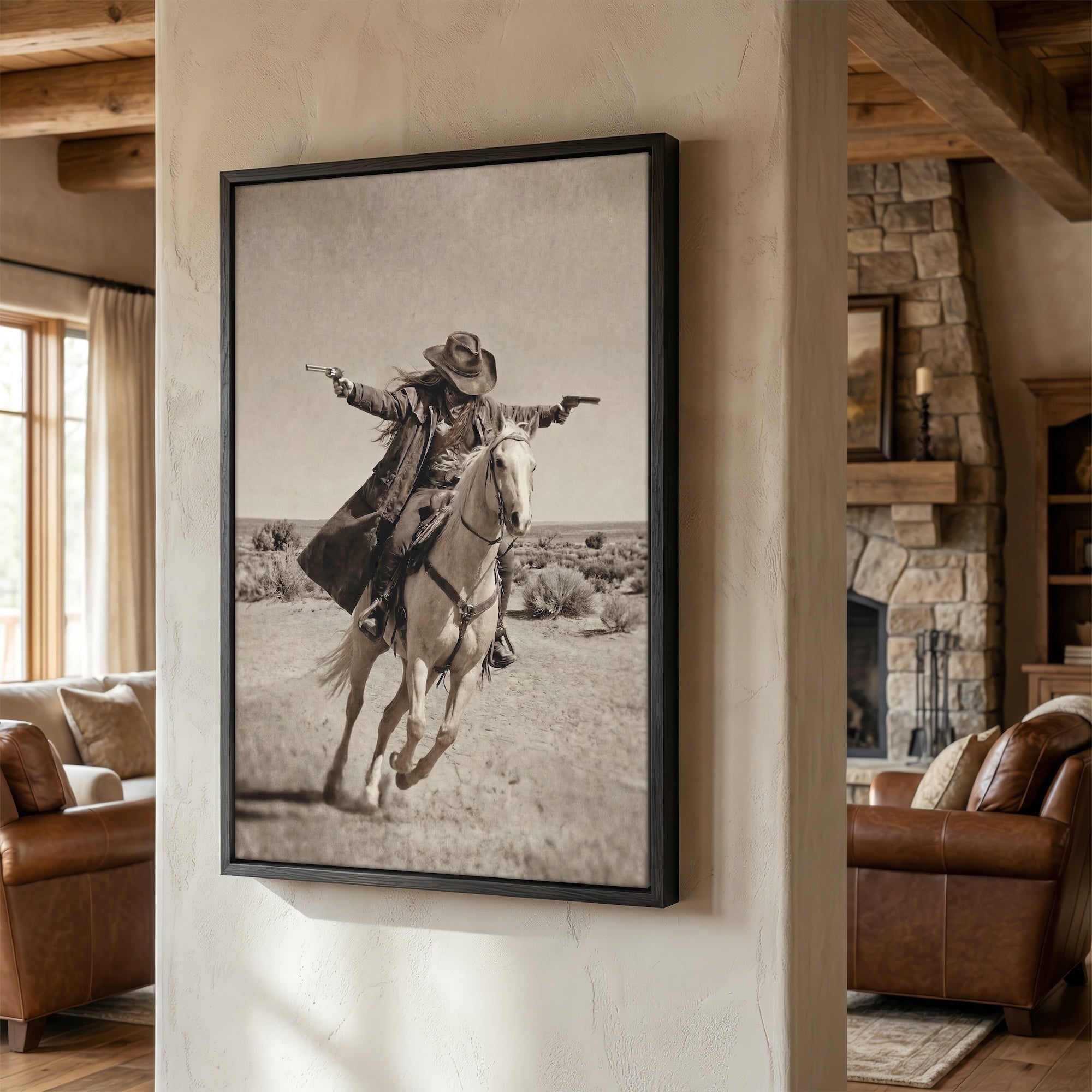 Double Shot: Outlaw Cowgirl Gunslinger on Horseback - Vintage Western Sepia Art Print