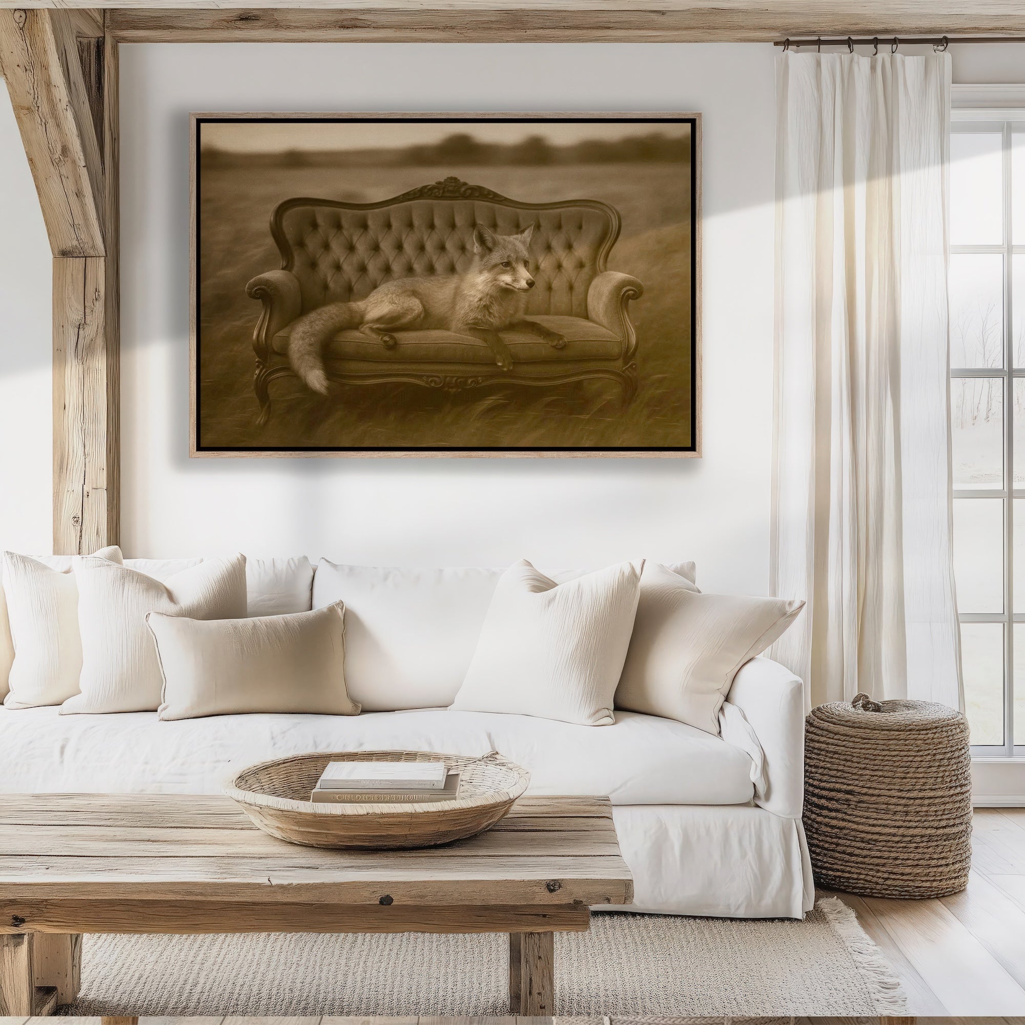 Fox on Victorian Sofa: Elegant Whimsical Sepia Art Print