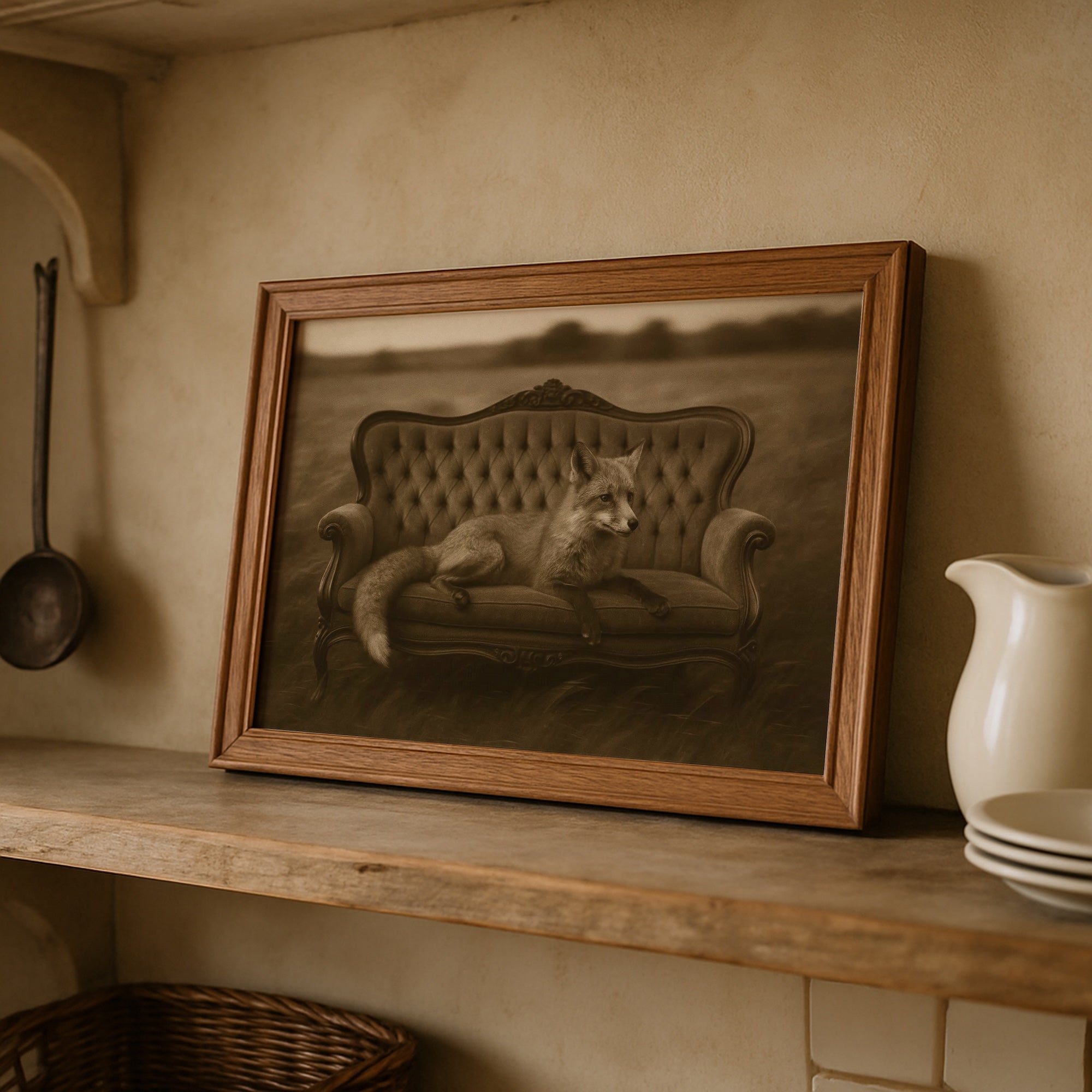 Fox on Victorian Sofa: Elegant Whimsical Sepia Art Print